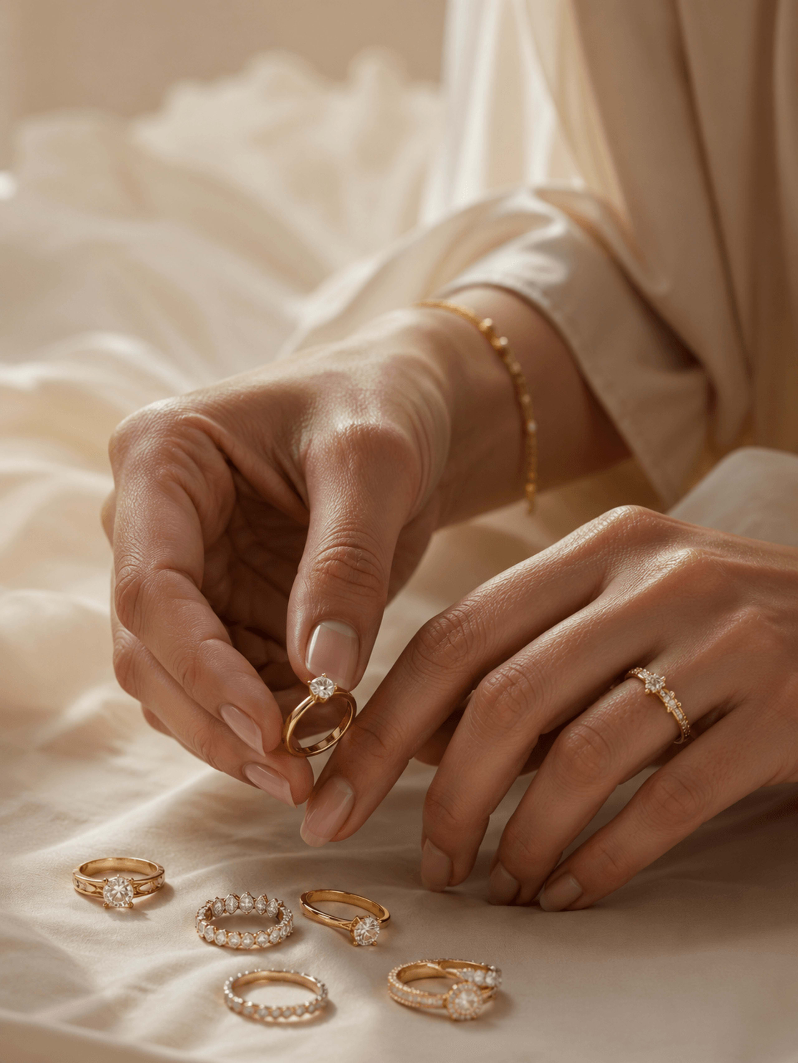 Hands choosing between loose set rings laid out on cream silk