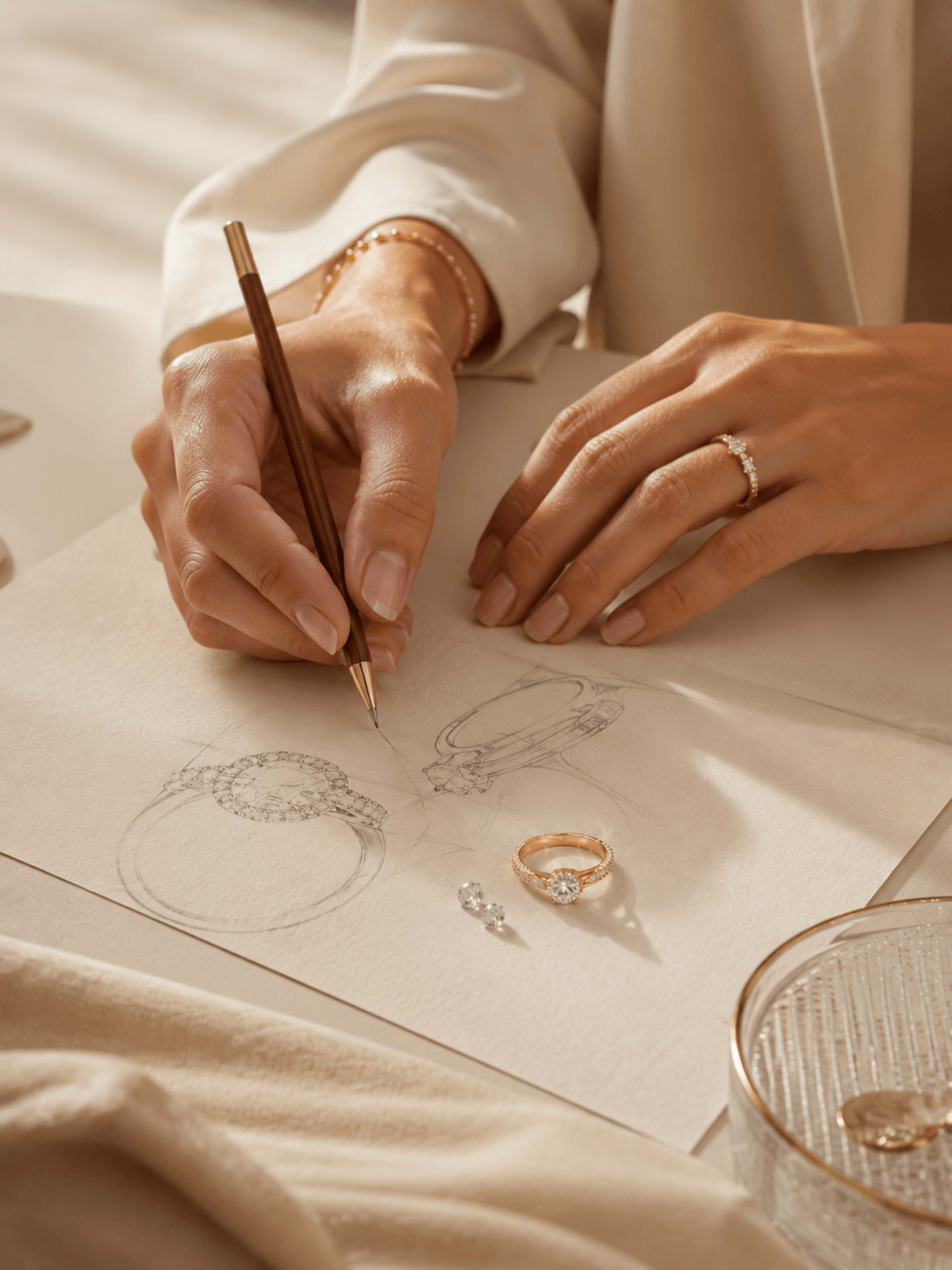 A pencil drawing a ring in elevation, the finished piece and its loose stones beside the sheet