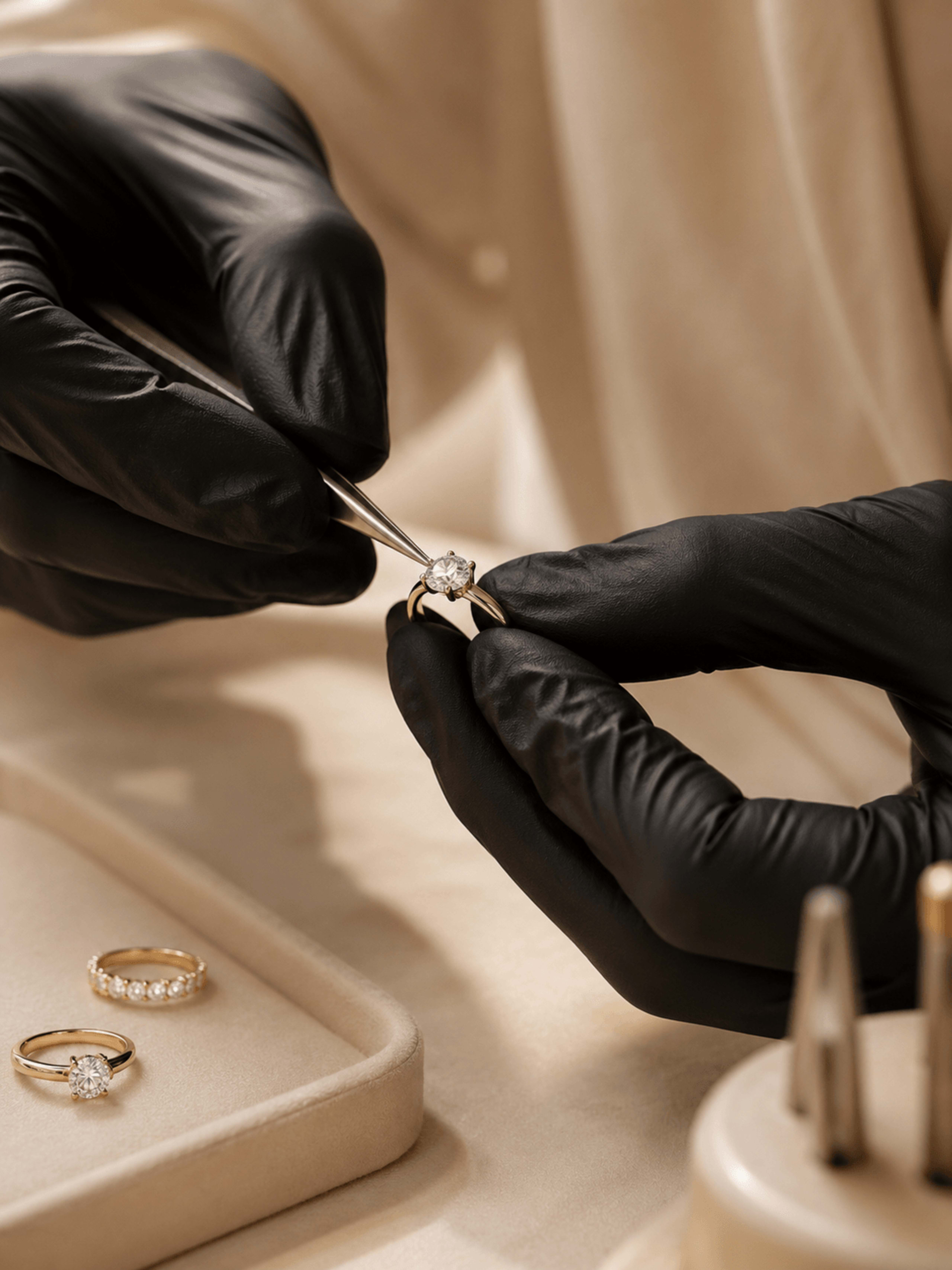 Gloved hands placing a stone into a solitaire setting with tweezers