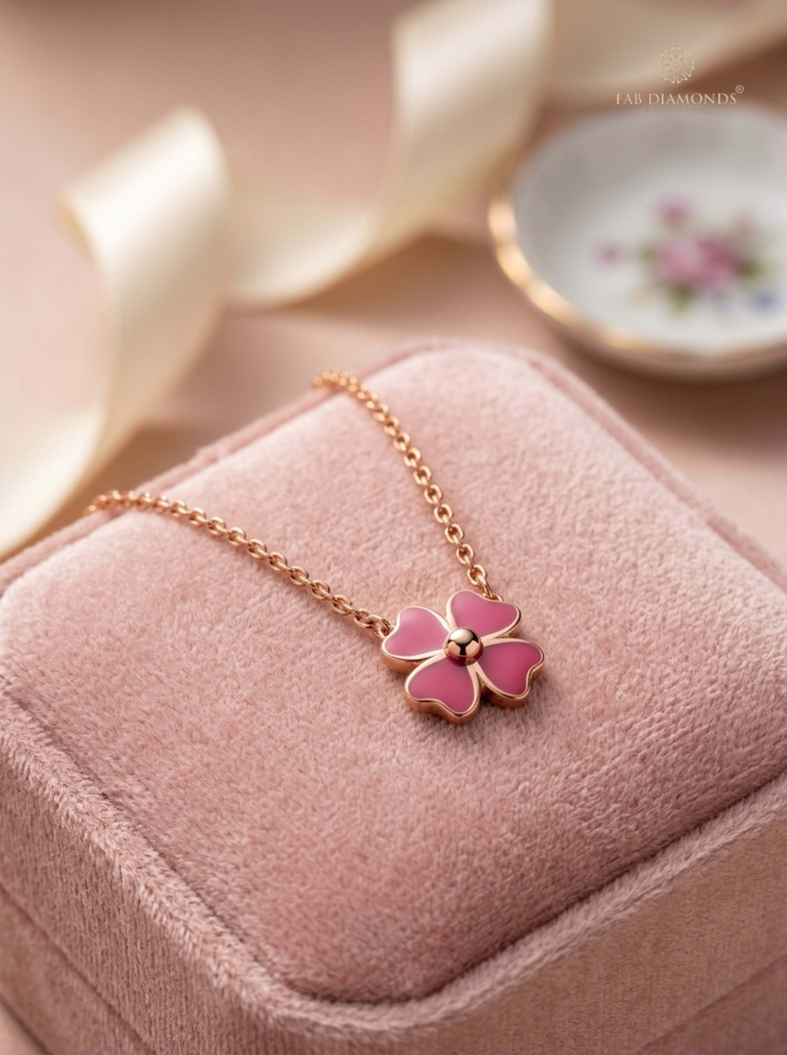 Blossom Clover Pink Enamel Rose Gold Baby Pendant Chain on velvet presentation box