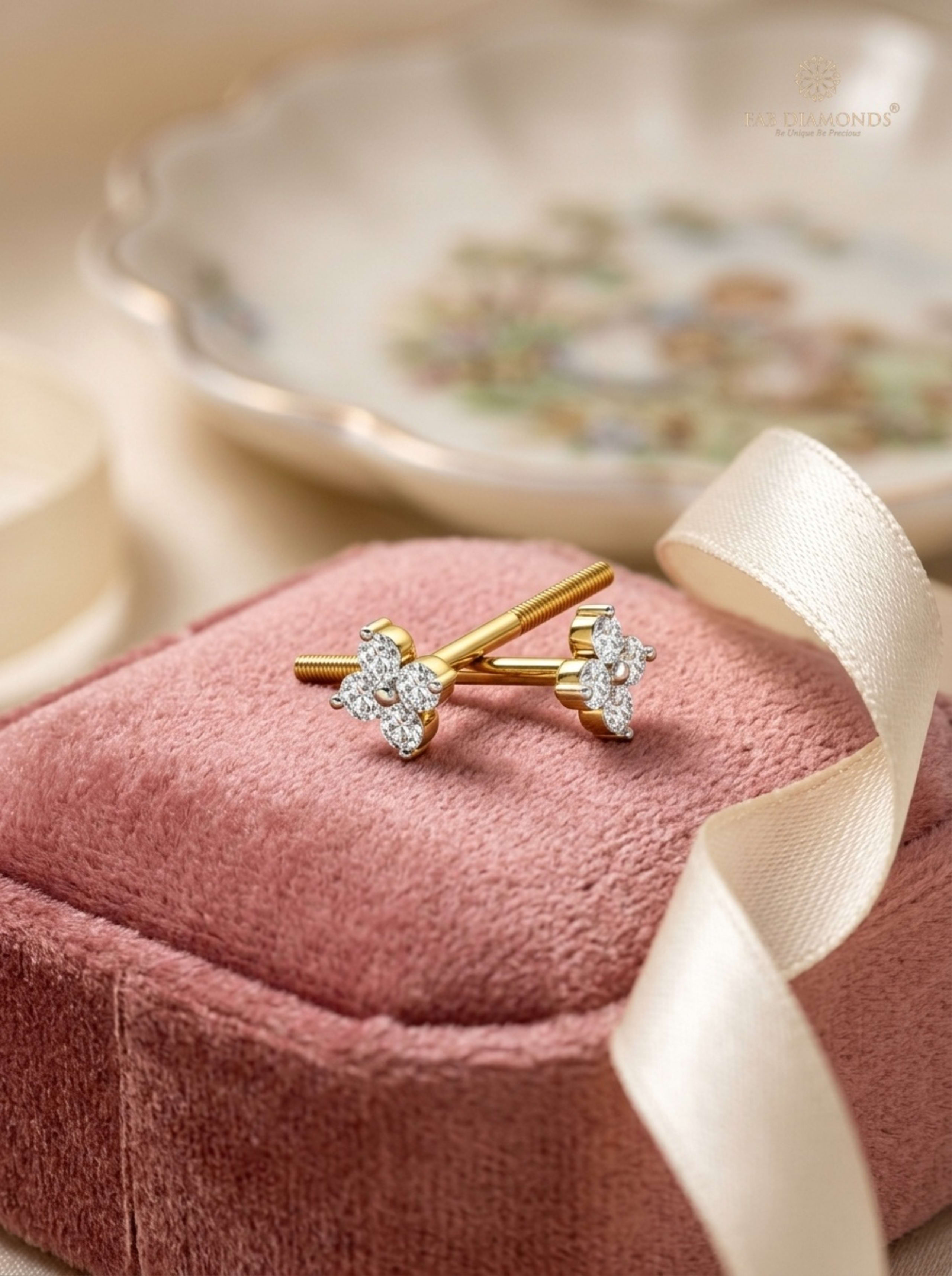 Tara Four-Petal Diamond Cluster Flower Baby Screw-Back Studs on velvet box