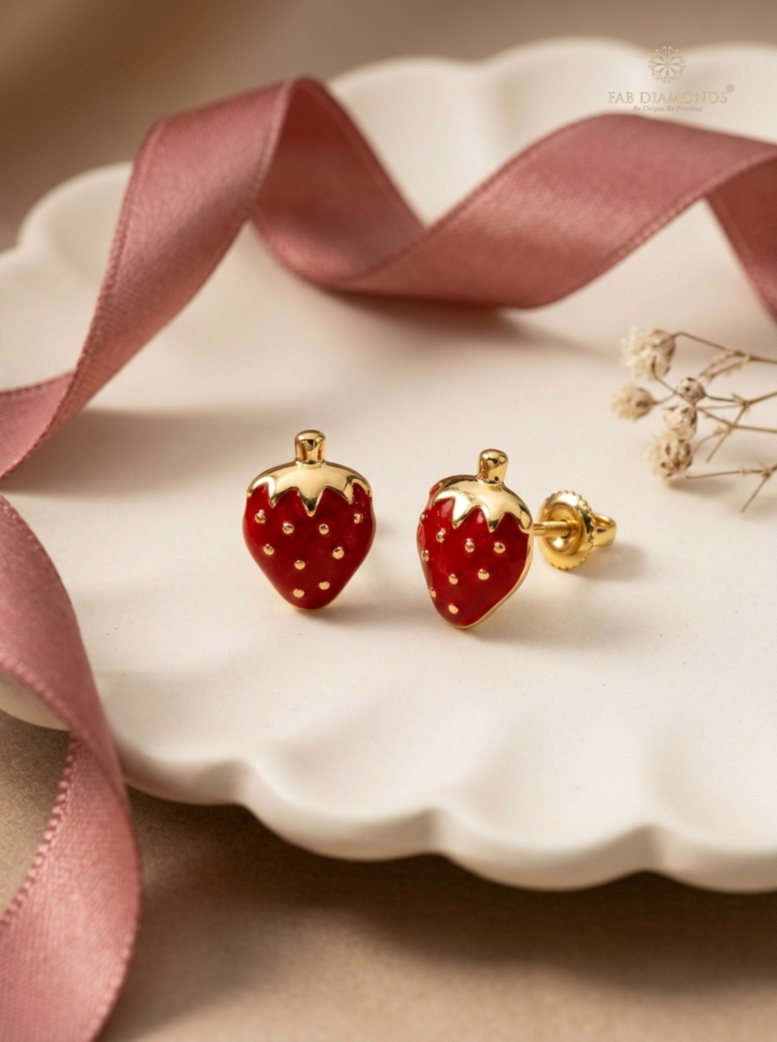 Sweet Strawberry Gold & Crimson Enamel Baby Studs on porcelain plate