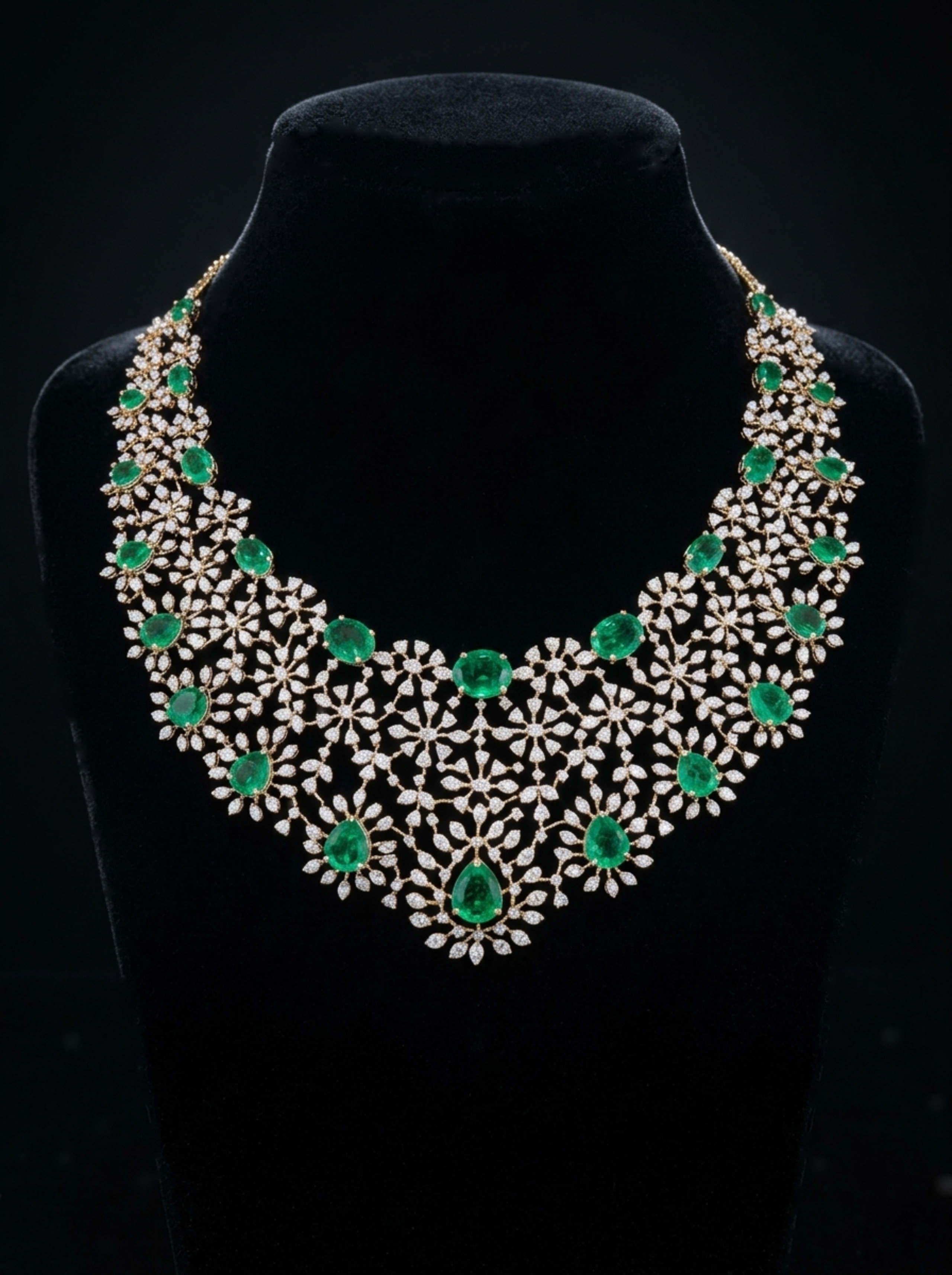 Vanaja imperial emerald cluster and diamond lace collar flat-lay on ivory champagne silk with peacock feather and river stone