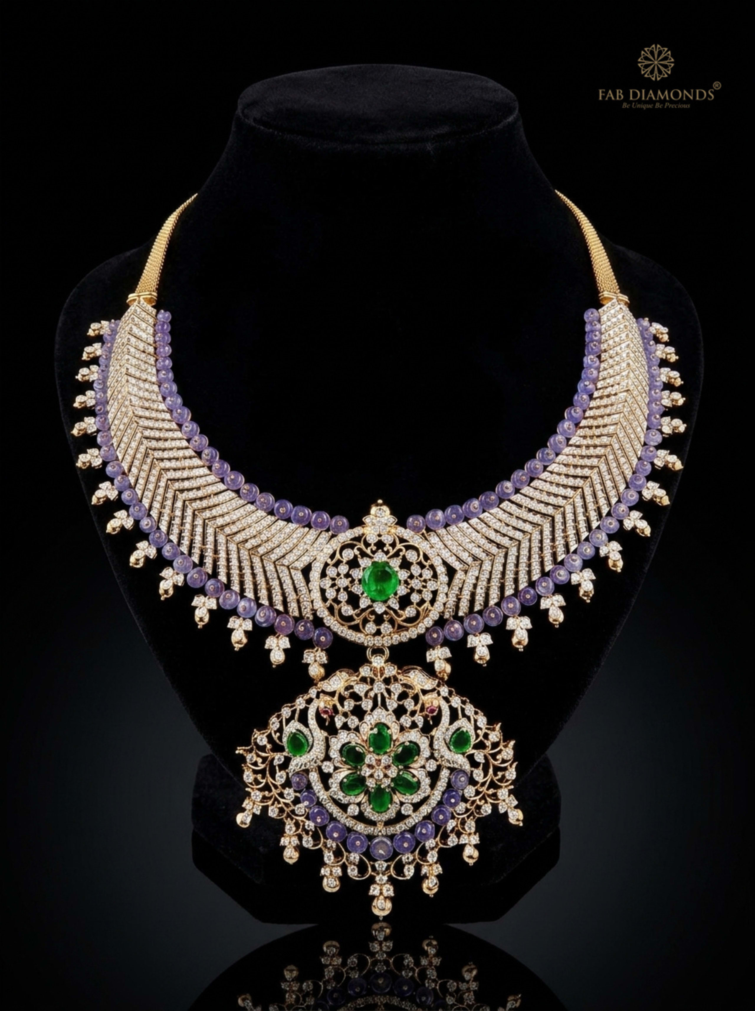 Chandra beaded tanzanite and chevron diamond chandelier collar on black velvet bust with obsidian reflection