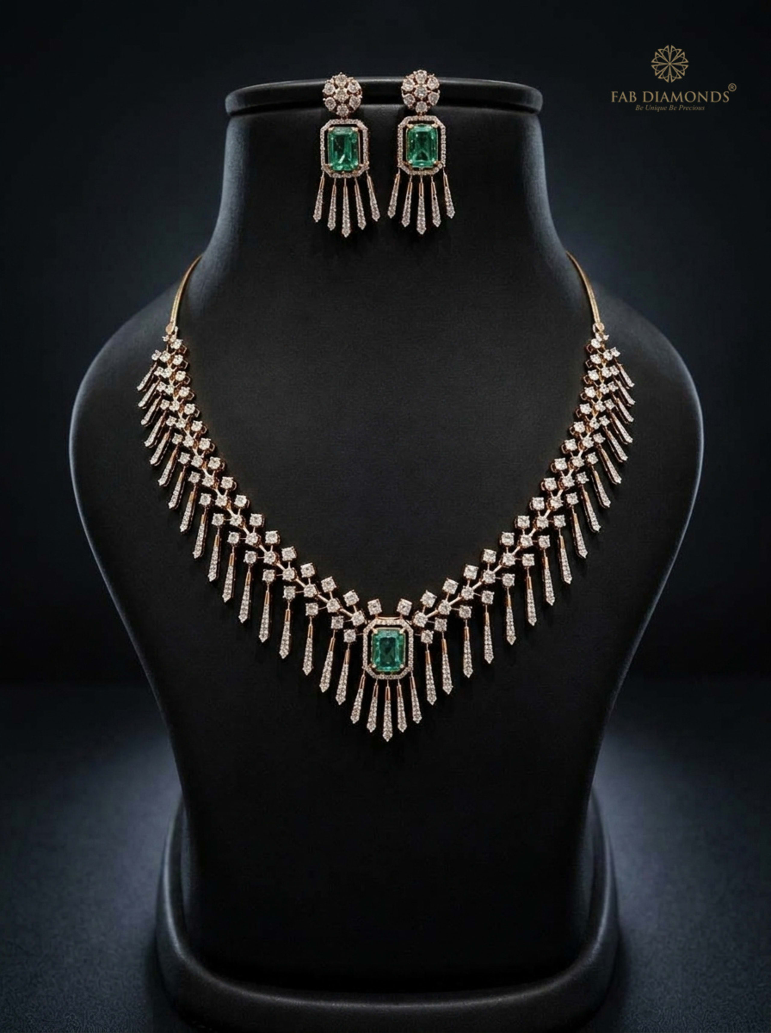 Ananya emerald cut centerpiece diamond fringe necklace and matching earrings on matte black velvet bust