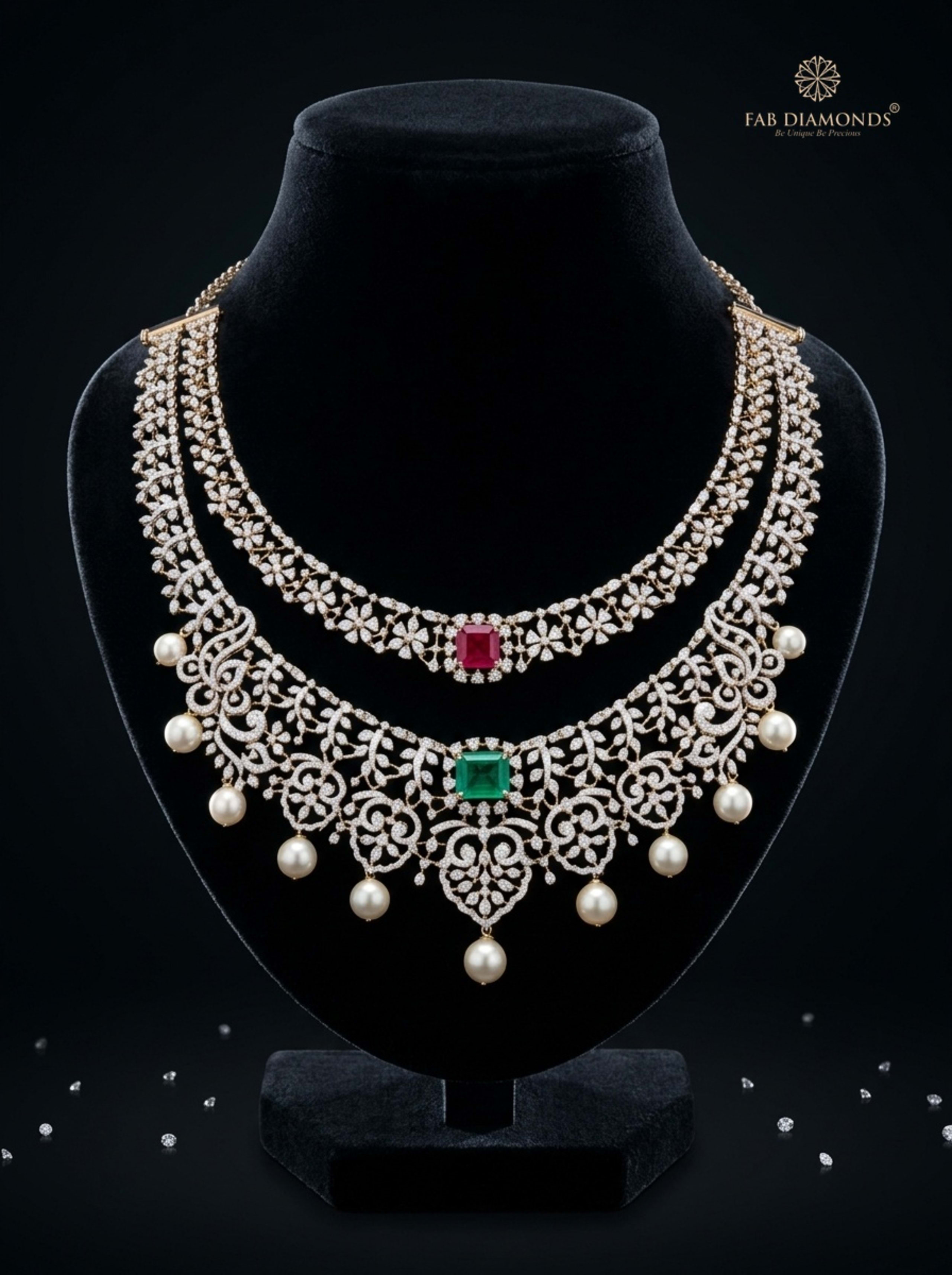 Devika convertible dual-tier ruby and emerald diamond bridal collar with pearl droplets on luxury velvet bust