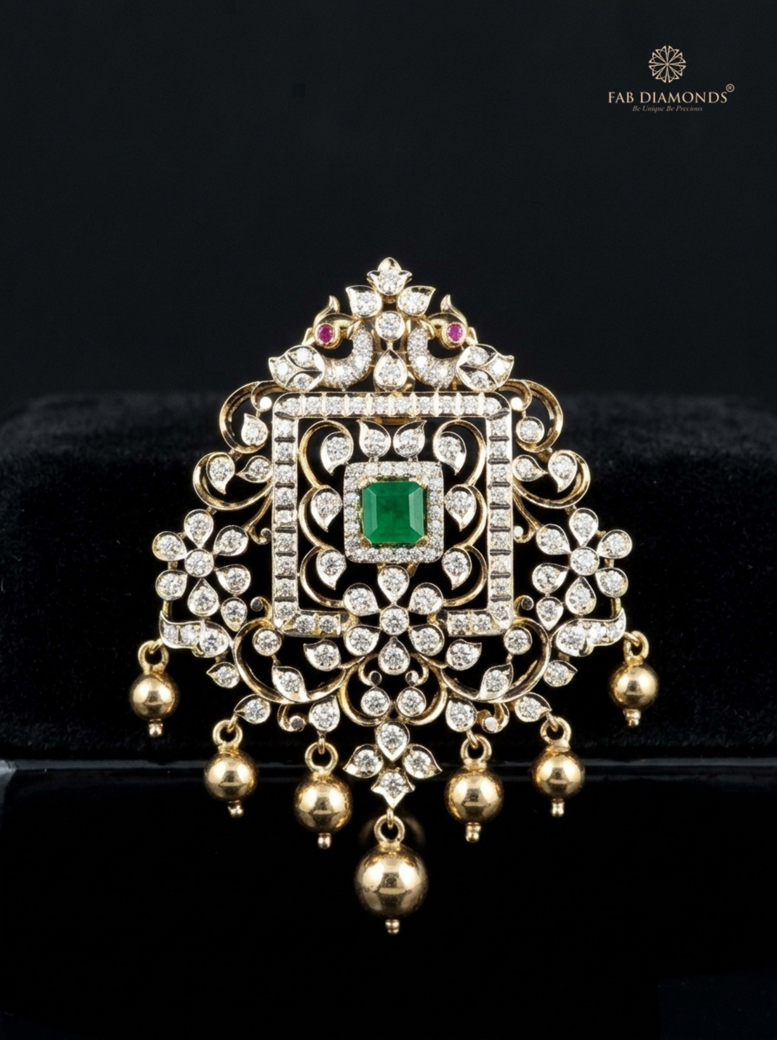 Samriddhi sunburst diamond and emerald medallion pendant suspended over antique gilded baroque mirror