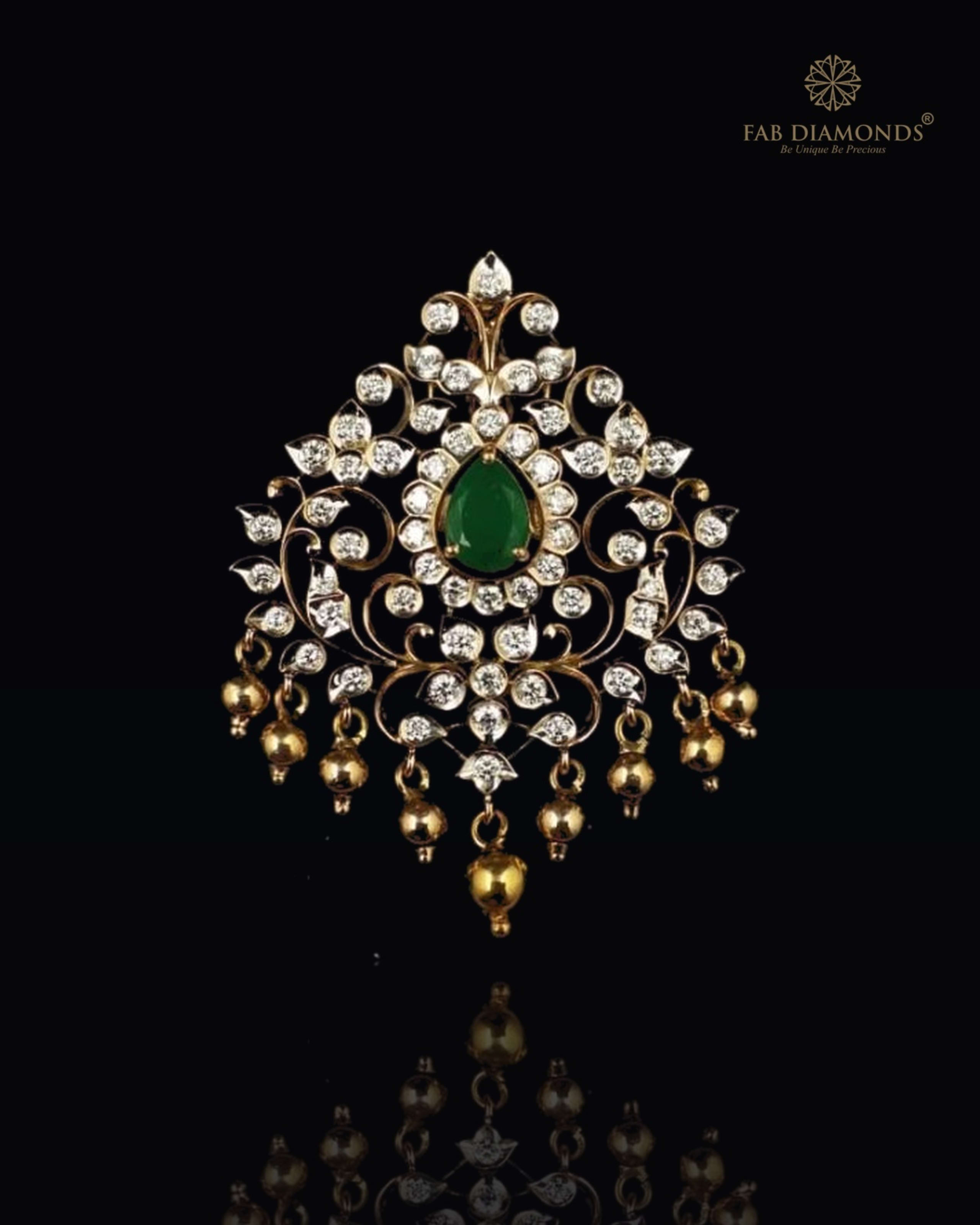 Vaishnavi regal filigree diamond and gemstone crest pendant on obsidian black velvet studio base