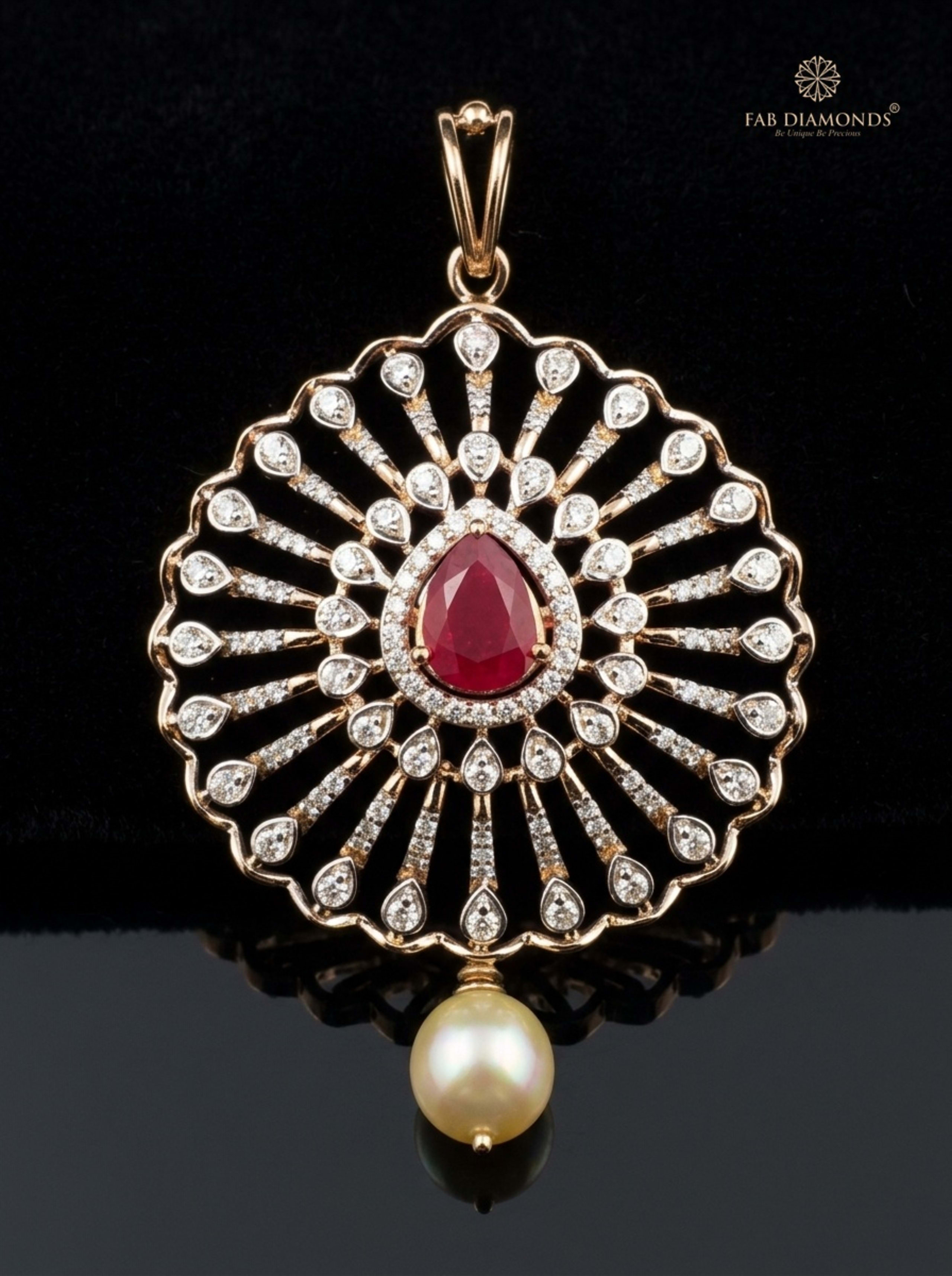 Radhika ruby, emerald and Basra pearl medallion pendant resting on soft ivory linen ceramic dish