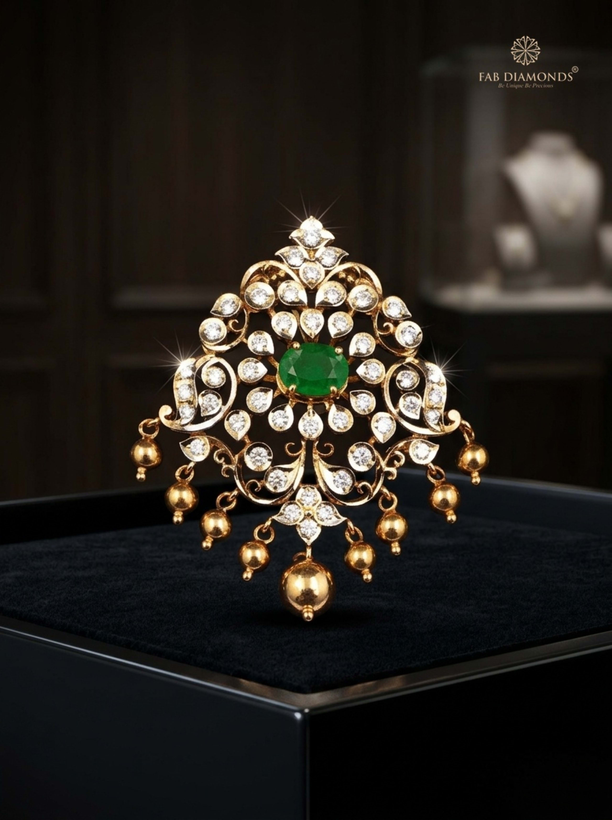 Suhani filigree diamond and emerald floral pendant suspended in warm baroque mirror reflection
