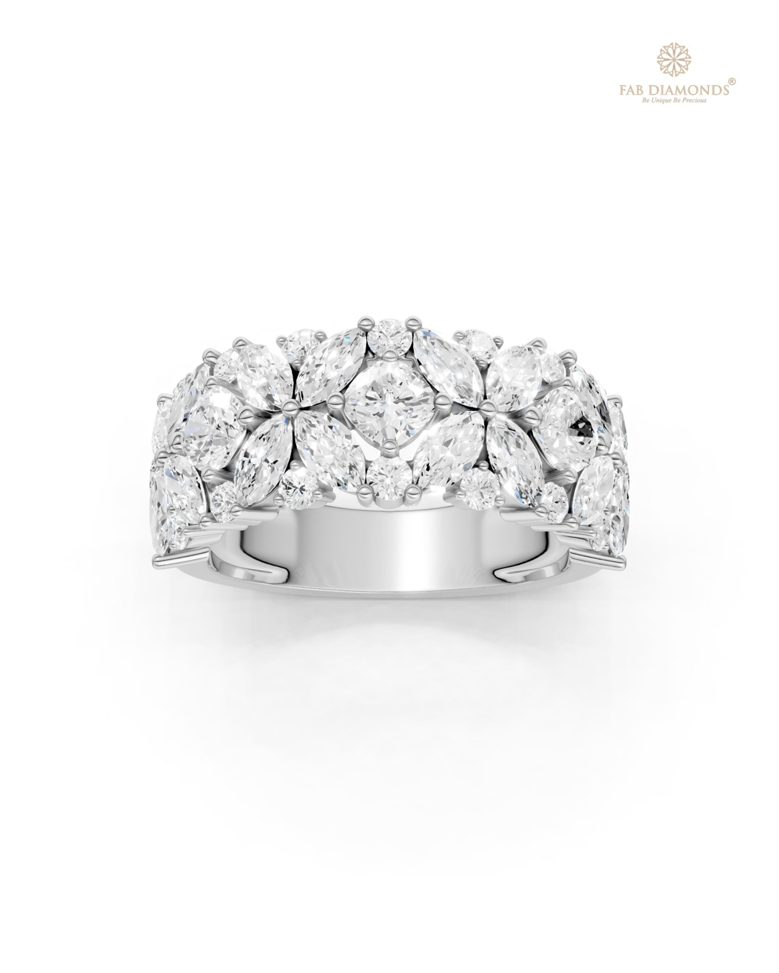 The RA18949 diamond engagement ring on white atelier plate with FAB hallmark