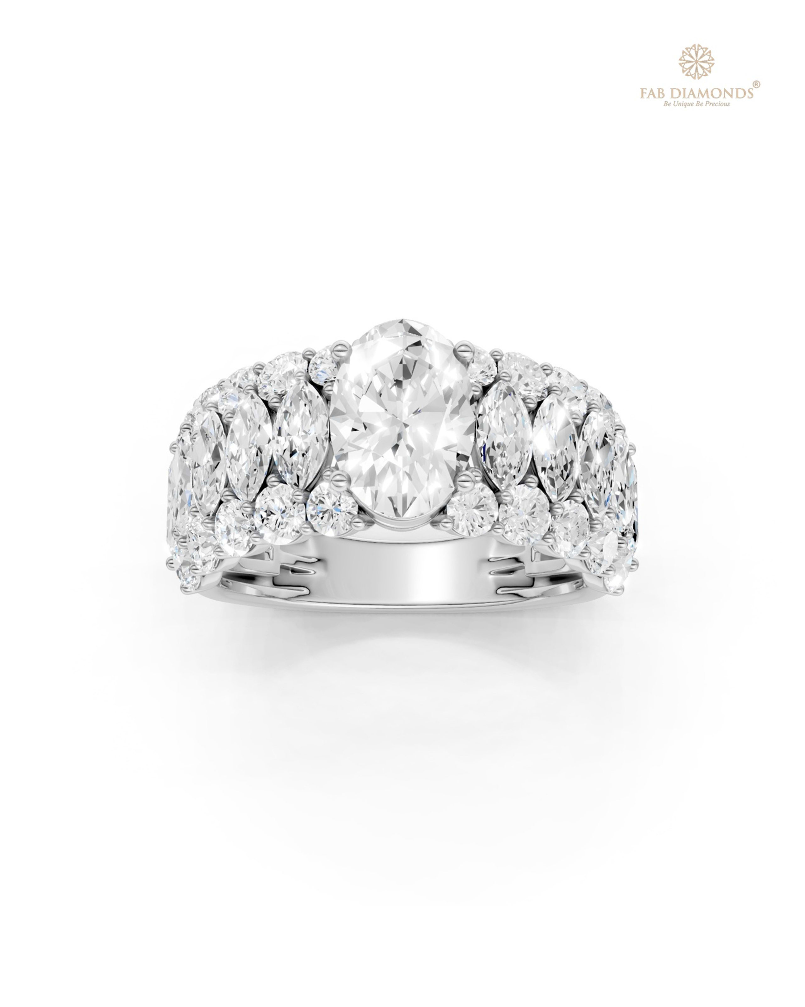 The RA19885 diamond cocktail & statement ring on white atelier plate with FAB hallmark