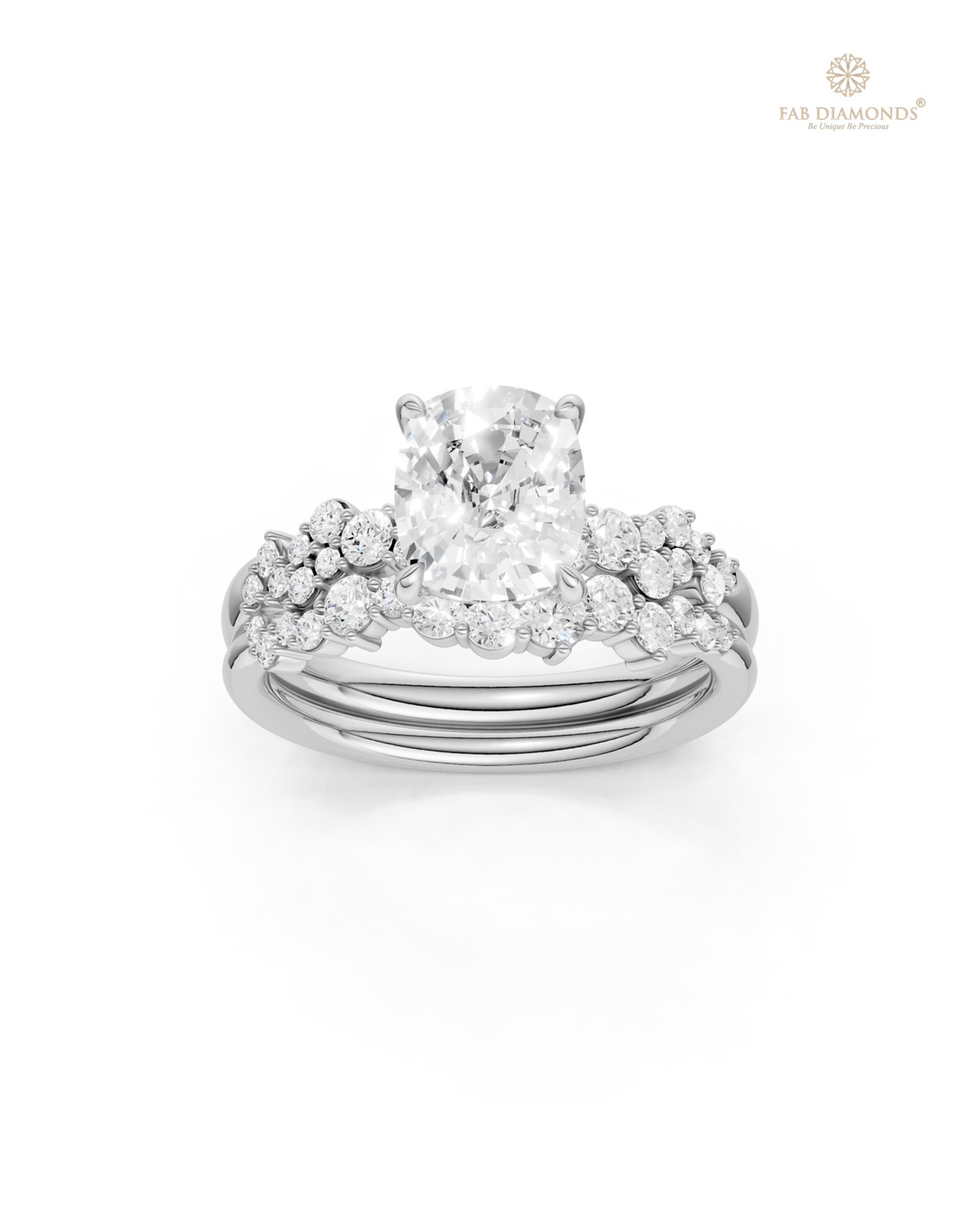 The RB32316 diamond engagement ring on white atelier plate with FAB hallmark