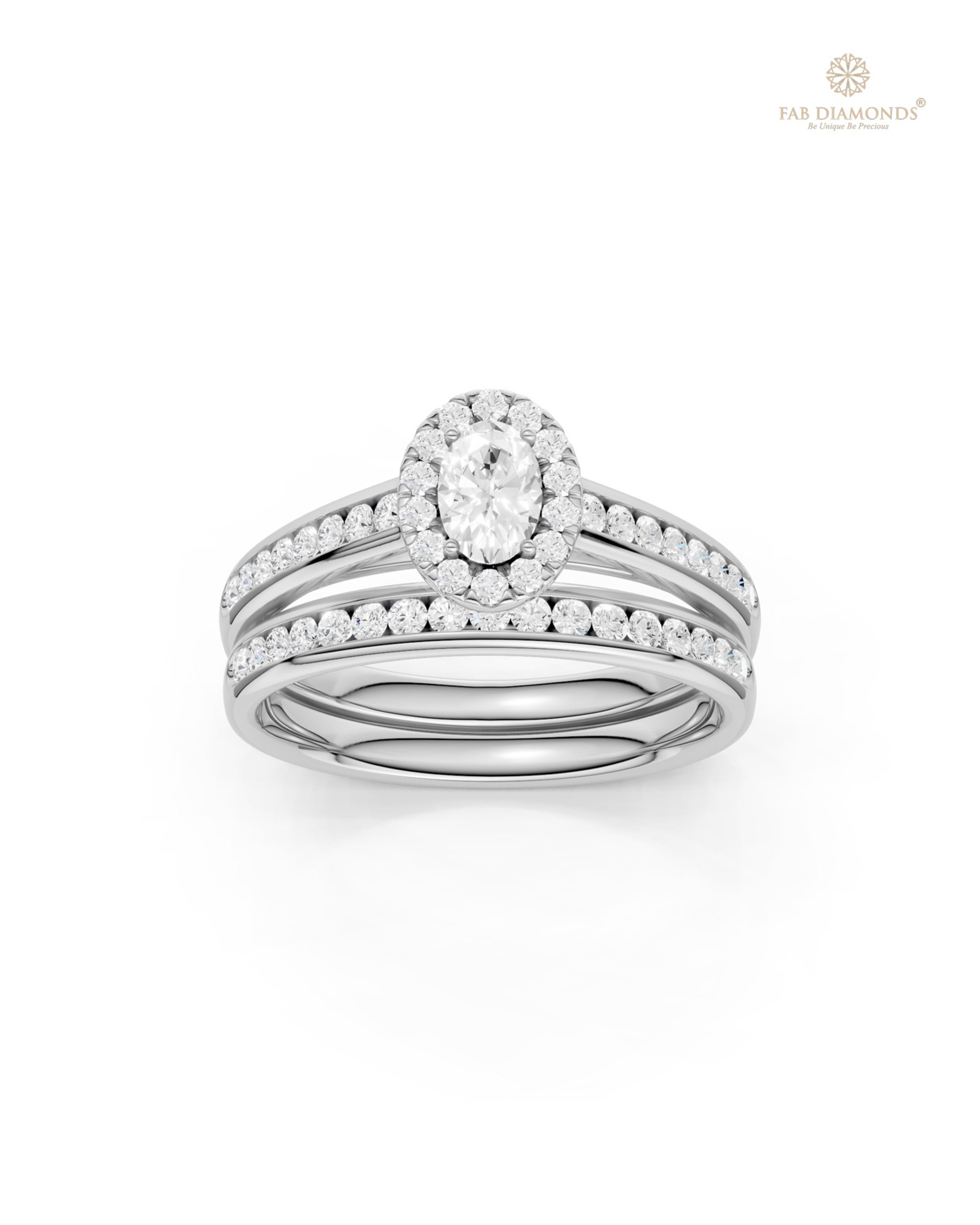 The RB32522 diamond engagement ring on white atelier plate with FAB hallmark