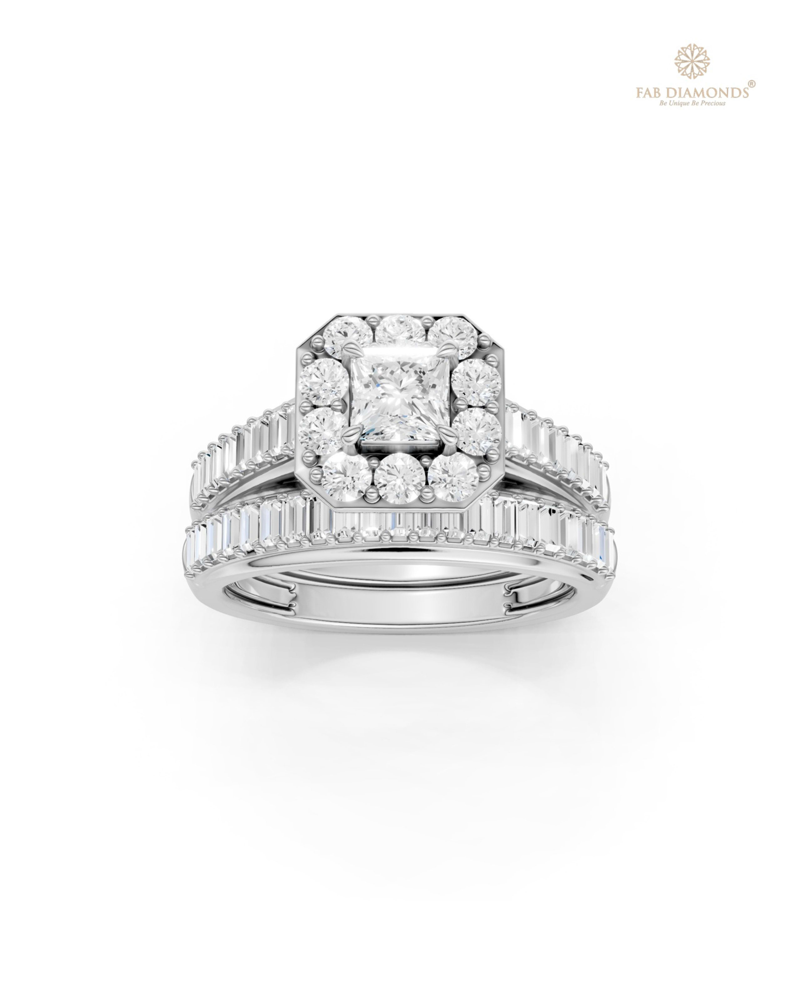 The RB32525 diamond engagement ring on white atelier plate with FAB hallmark