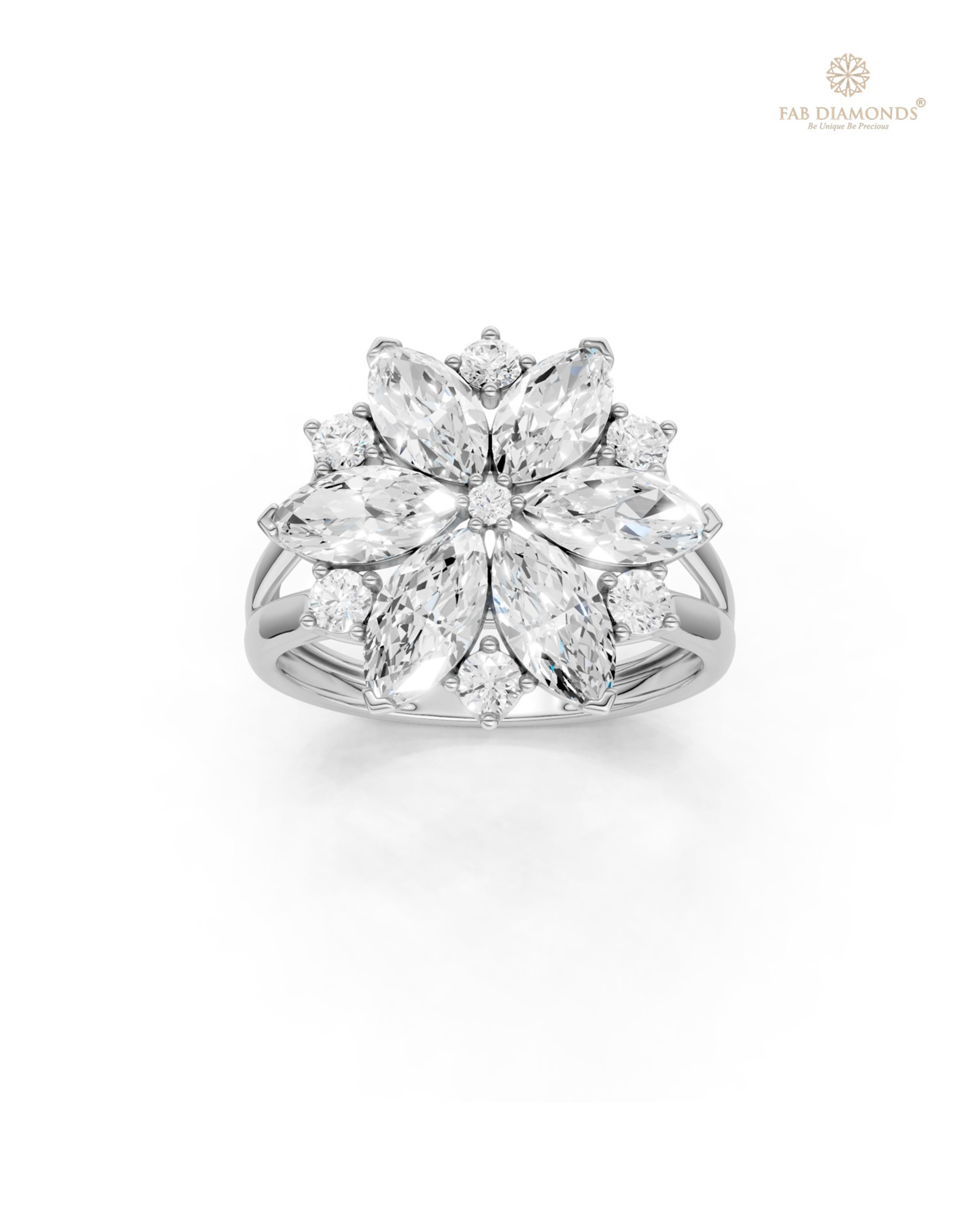 The RF35687 diamond solitaire ring on white atelier plate with FAB hallmark