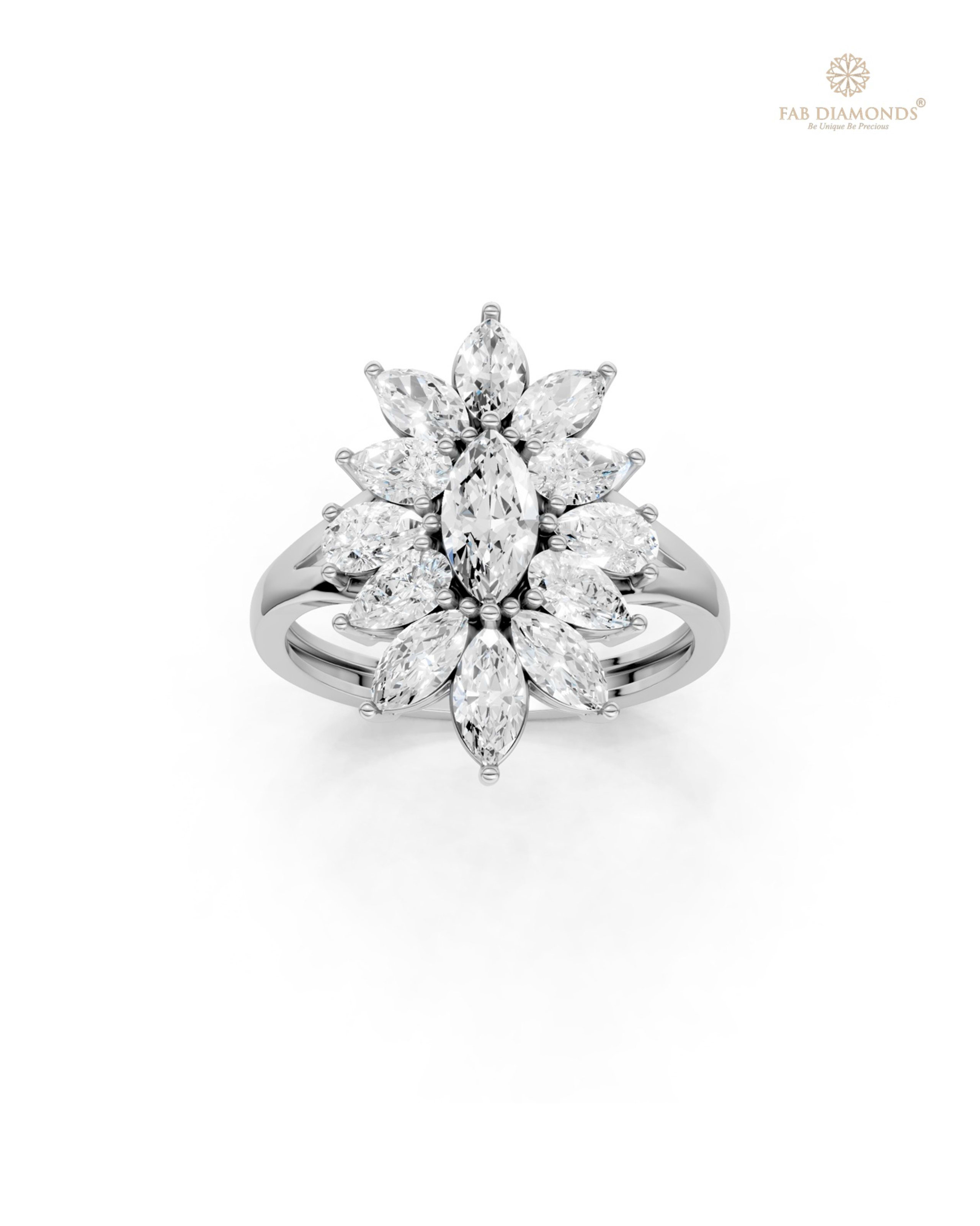 The RF35822 diamond solitaire ring on white atelier plate with FAB hallmark