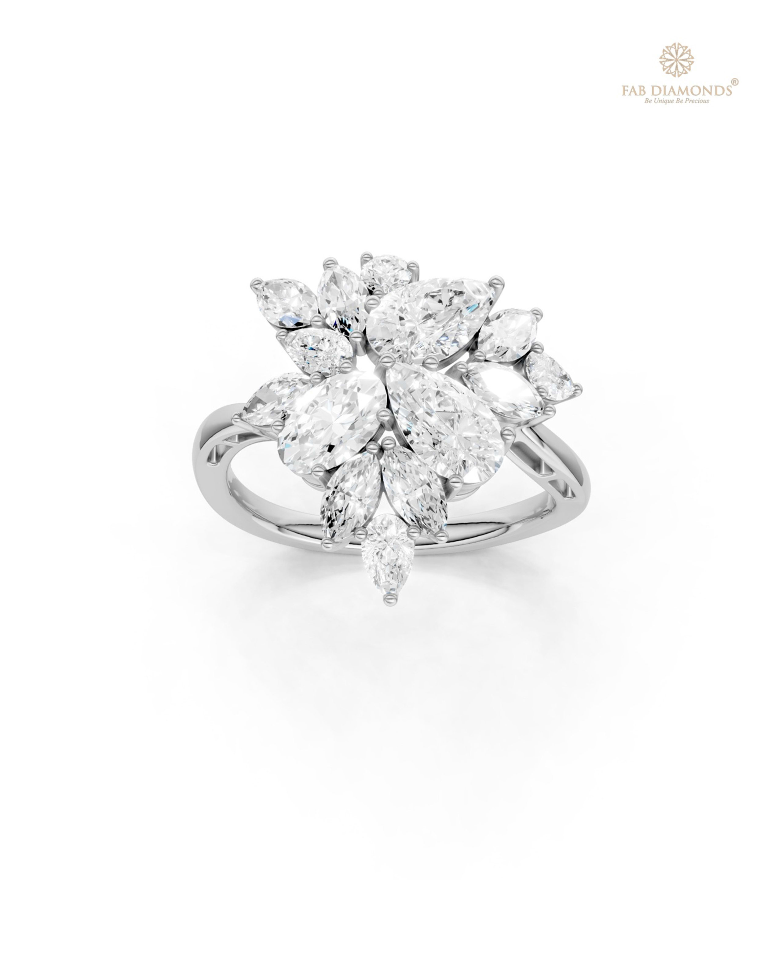 The RF35826 diamond solitaire ring on white atelier plate with FAB hallmark