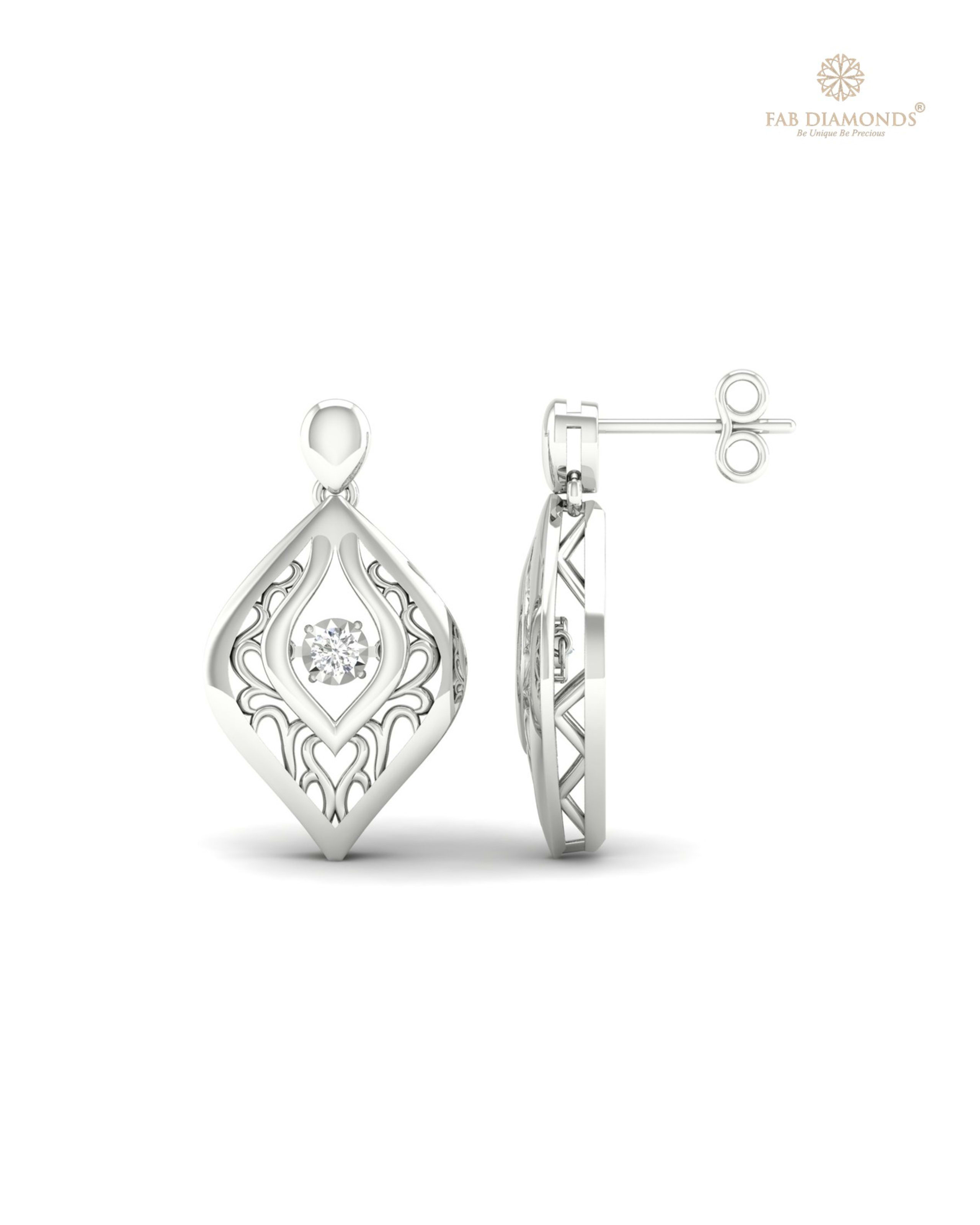 The EF05395 Linear Drop Cocktail Earrings (0.02 Cts) on white atelier plate with FAB hallmark
