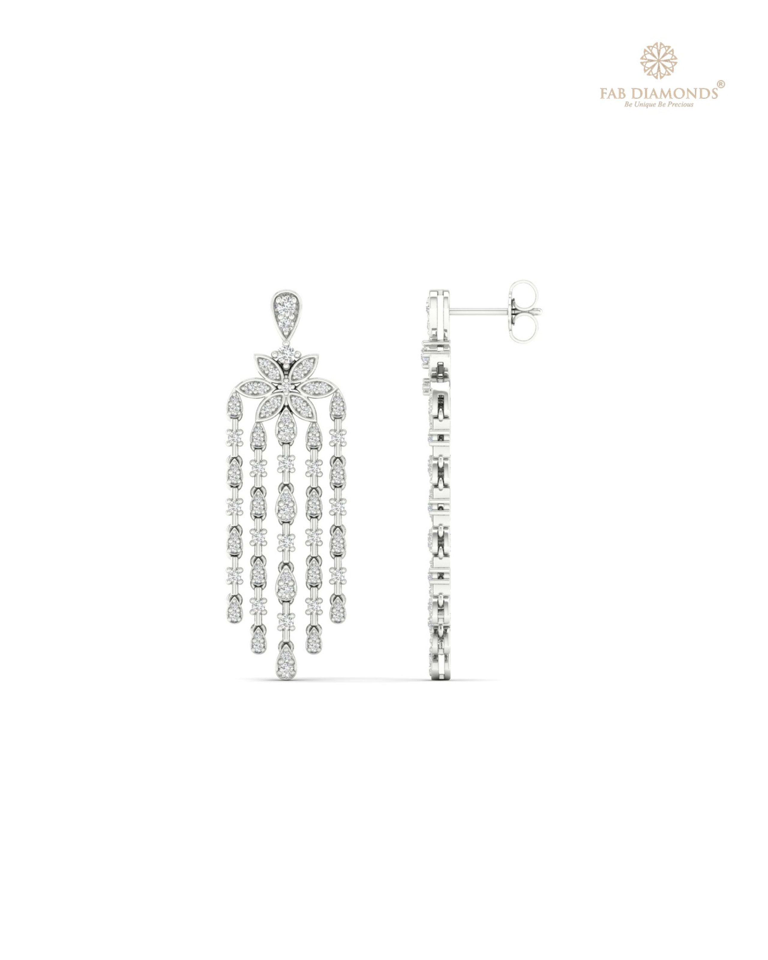 The EF31004 Diamond Cascade Chandelier Earrings (0.99 Cts) on white atelier plate with FAB hallmark