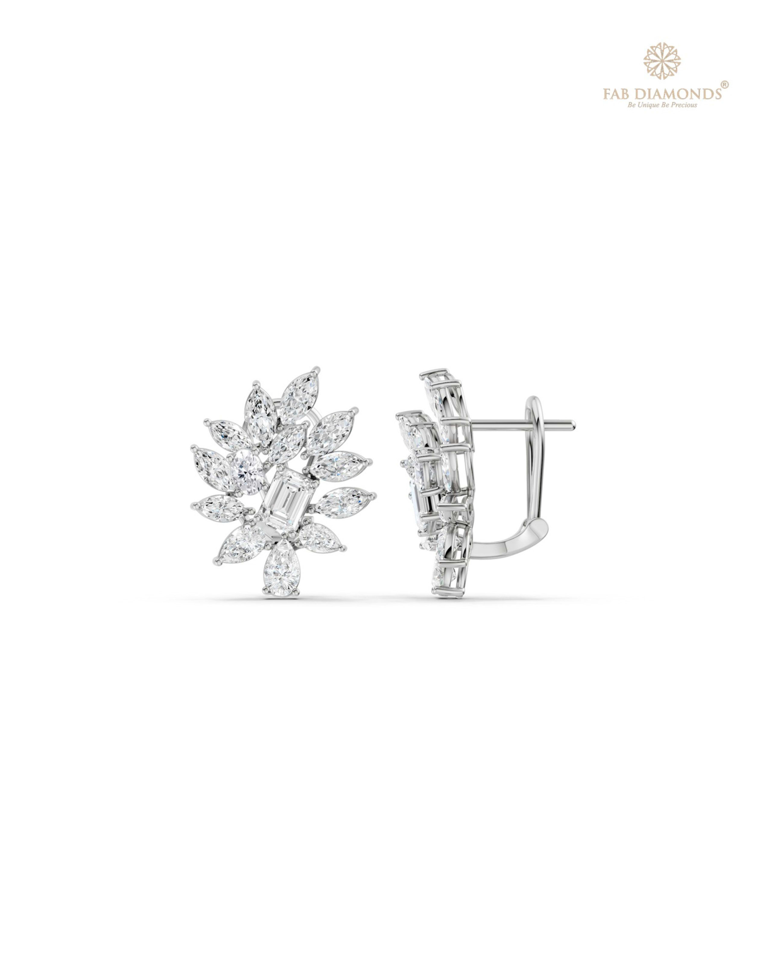 The EF35688 Masterwork Cocktail Diamond Earrings (7.20 Cts) on white atelier plate with FAB hallmark