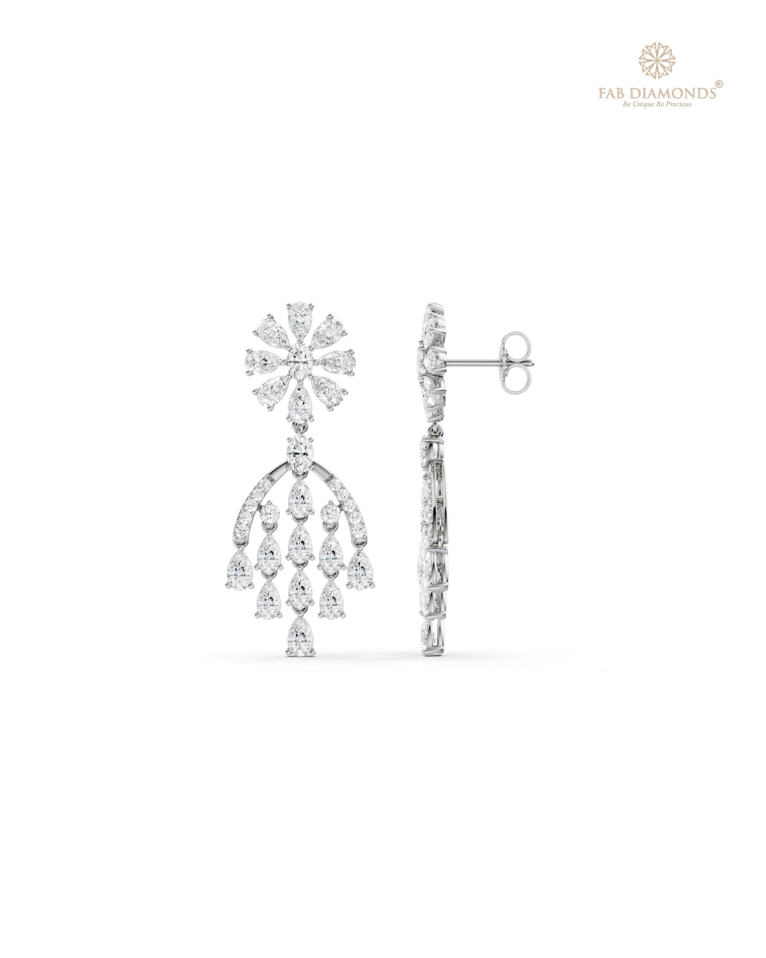 The EF35896 Diamond Cascade Chandelier Earrings (4.50 Cts) on white atelier plate with FAB hallmark