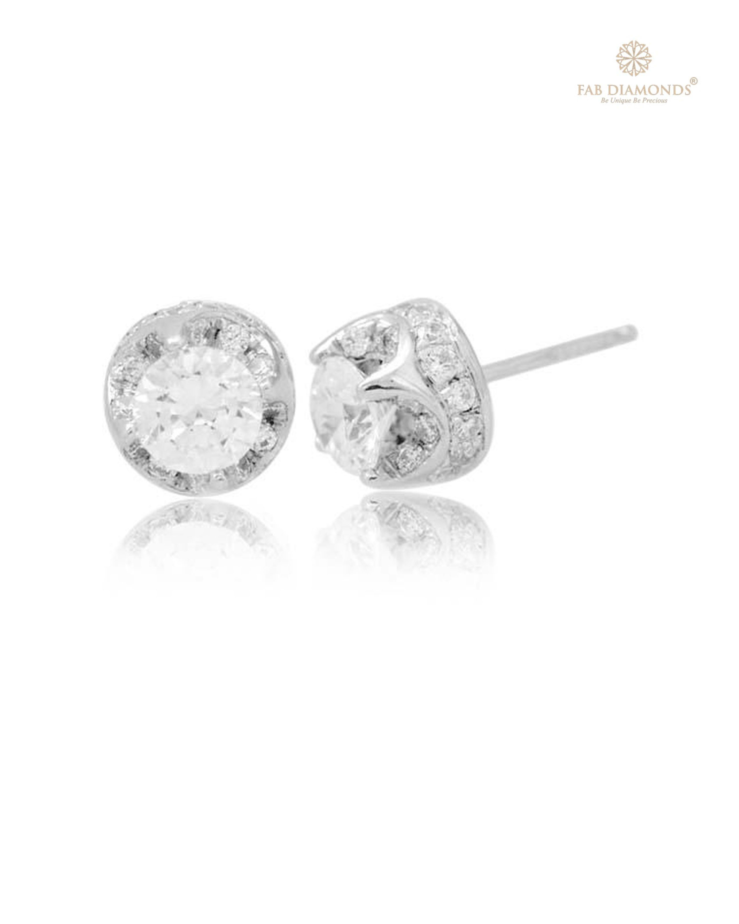 The ES00050 Diamond Halo Diamond Studs (2.00 Cts) on white atelier plate with FAB hallmark