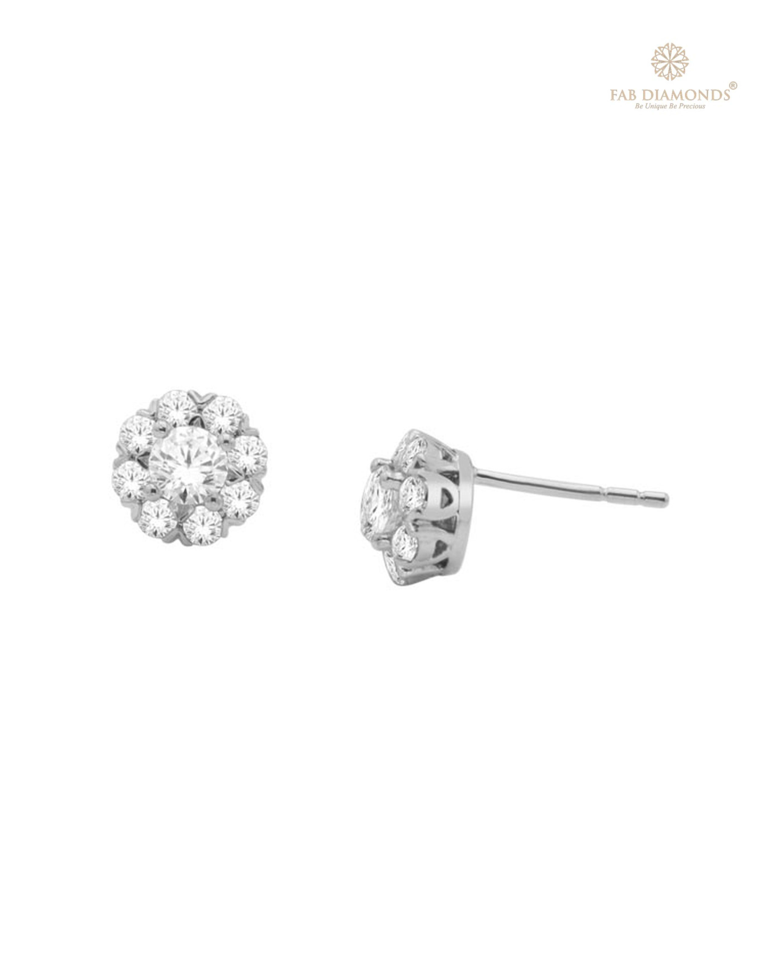The ES00406 Diamond Halo Diamond Studs (0.95 Cts) on white atelier plate with FAB hallmark