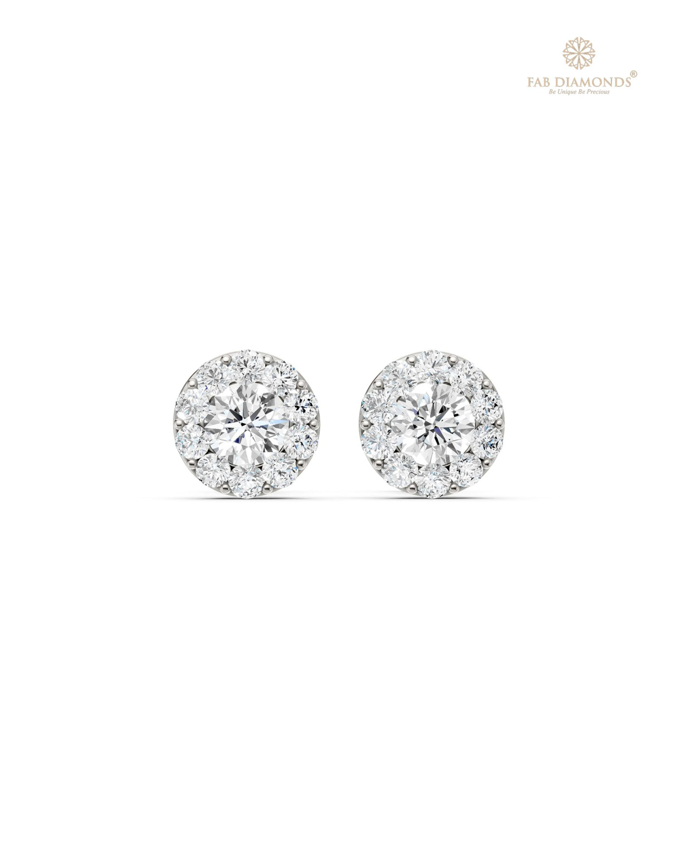 The ES10881 Diamond Halo Diamond Studs (0.98 Cts) on white atelier plate with FAB hallmark