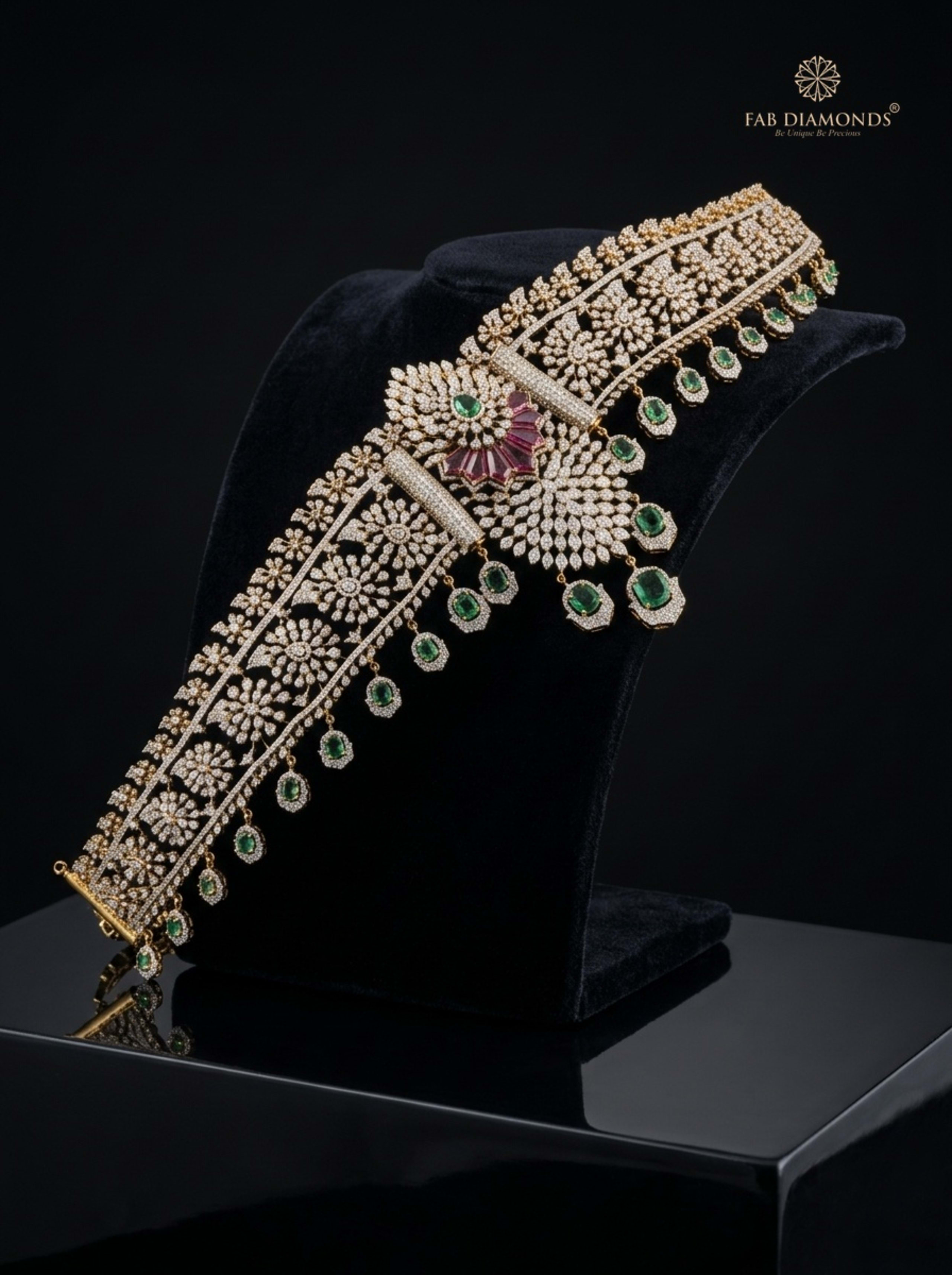 Suvasini imperial 20-carat diamond vaddanam resting on mocha velvet pedestal
