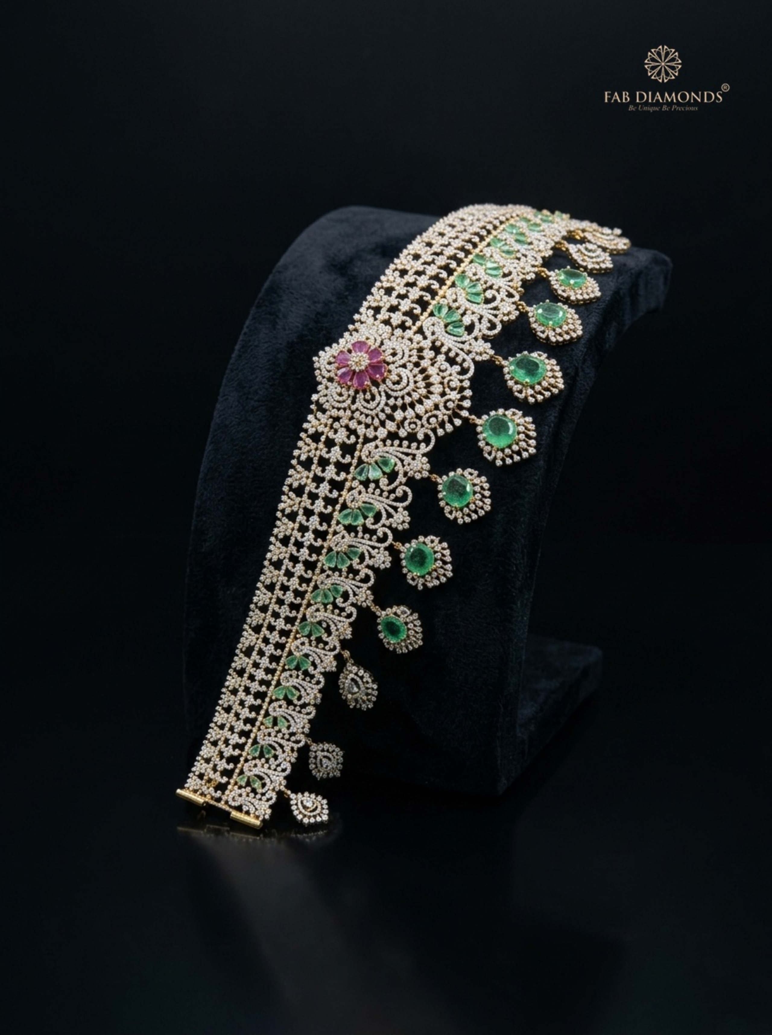 Ganga royal scroll diamond vaddanam on imperial mocha velvet pedestal