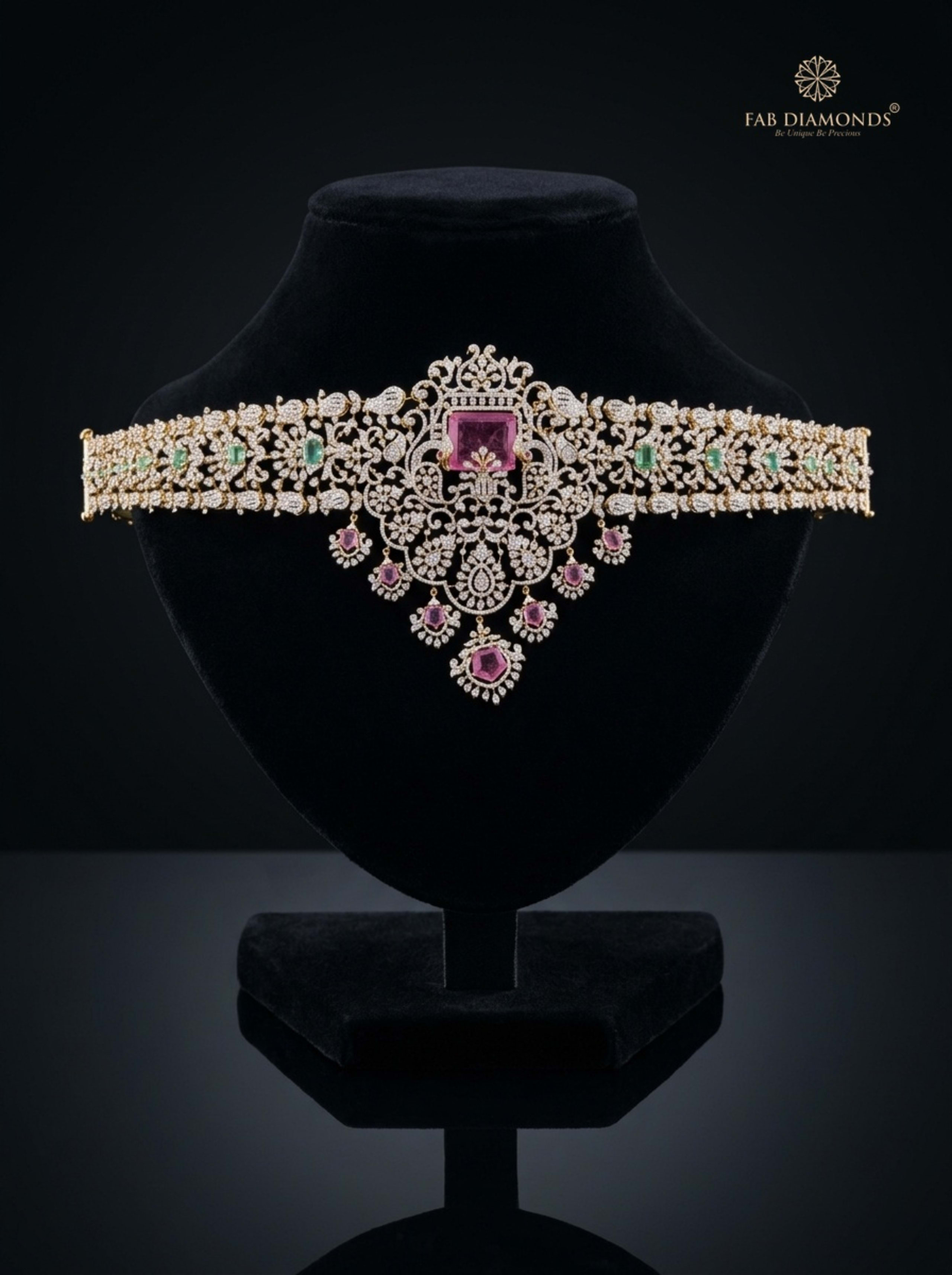 Tripura geometric sapphire and diamond vaddanam on dark stone plinth with foliage