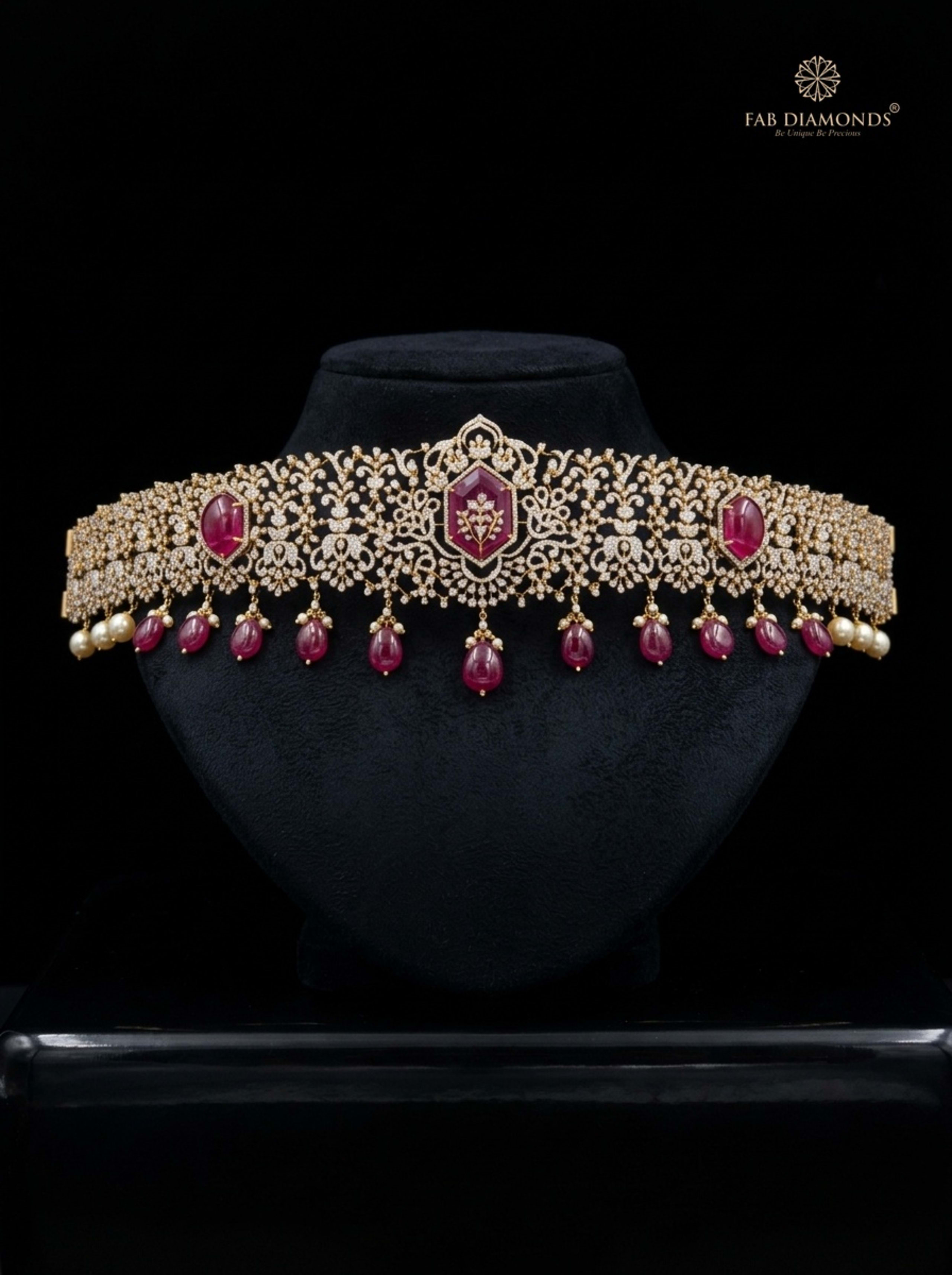 Sharada imperial ruby and diamond scalloped vaddanam on mocha velvet pedestal