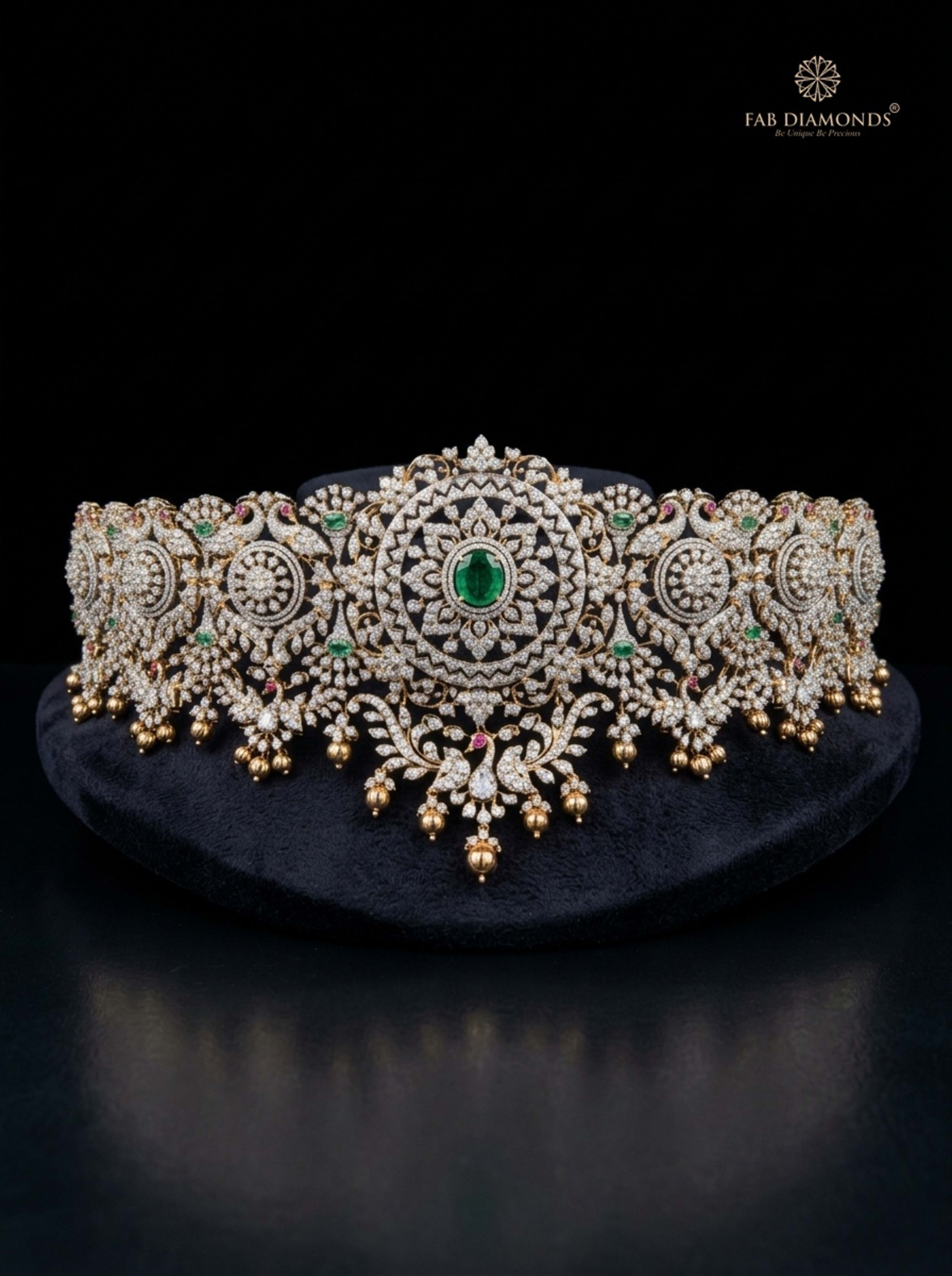 Mahalakshmi royal peacock diamond masterpiece vaddanam on obsidian mirror plinth
