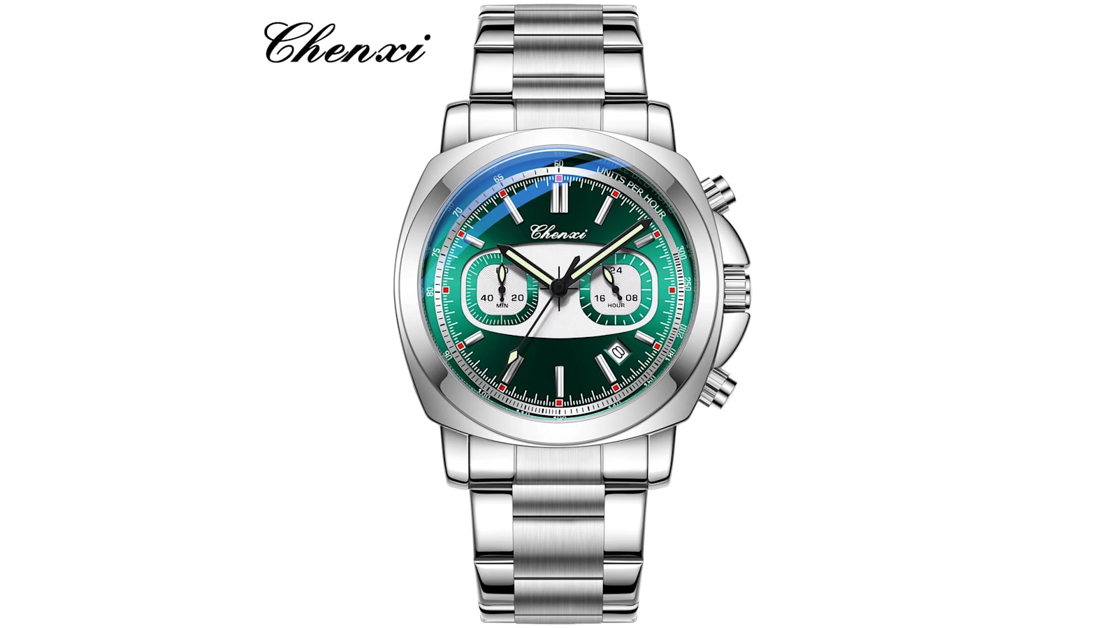 Chenxi 9543 chronograph watch with a green racing-style dial, two sub-dials and a stainless steel bracelet