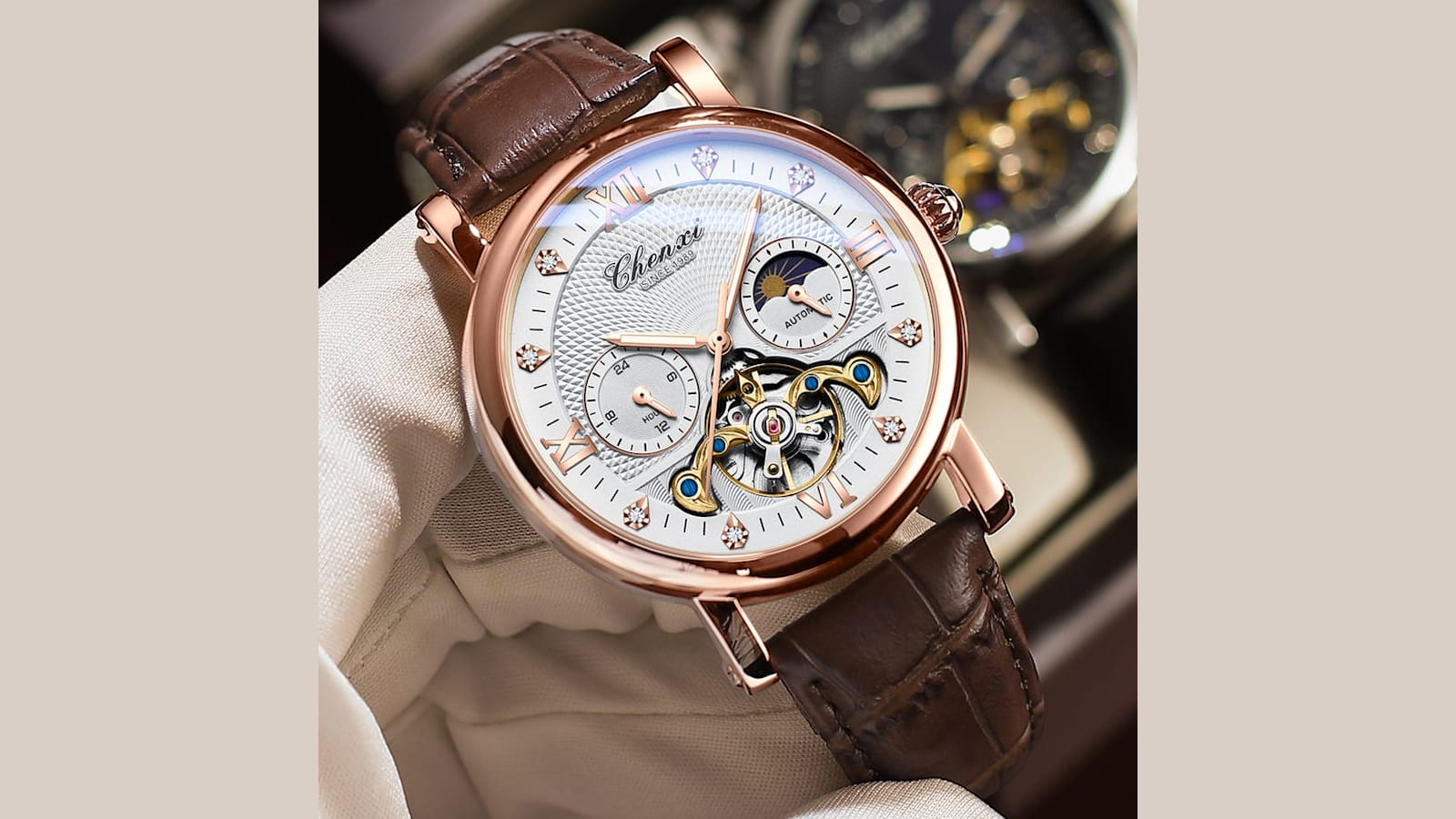 Chenxi automatic men's watch with a white dial, rose-gold case and brown leather strap