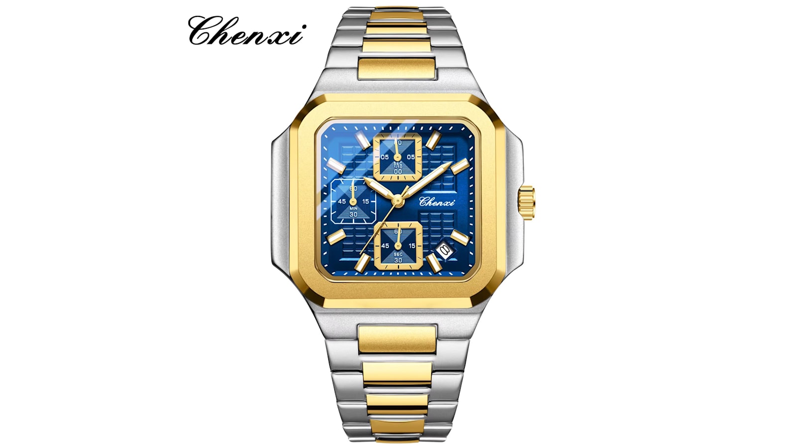 Chenxi 9662 square men's watch with a blue dial and two-tone steel bracelet