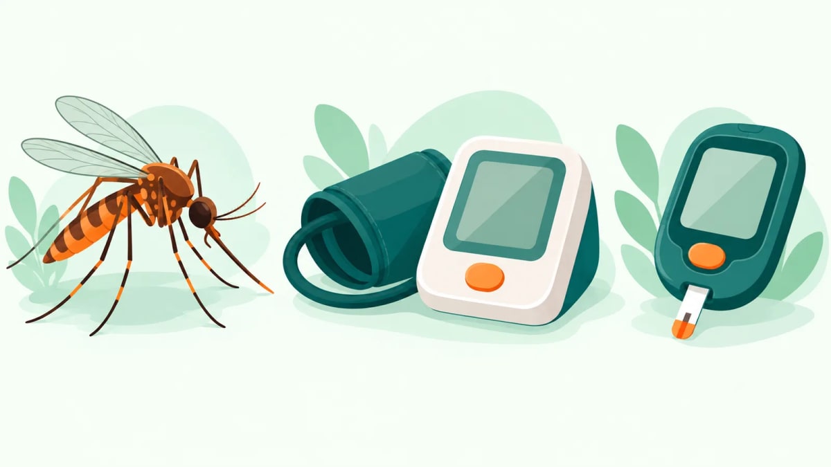 Ilustração de mosquito, medidor de pressão e glicosímetro