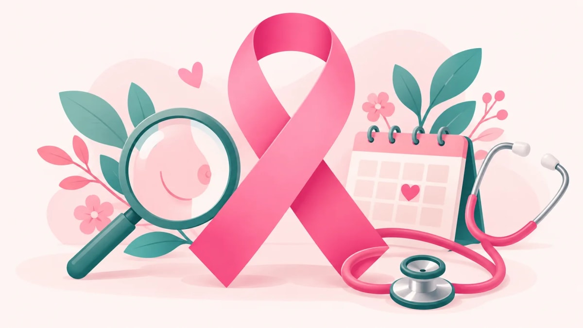 Laço rosa, lupa, calendário e estetoscópio simbolizando o exame preventivo no Outubro Rosa