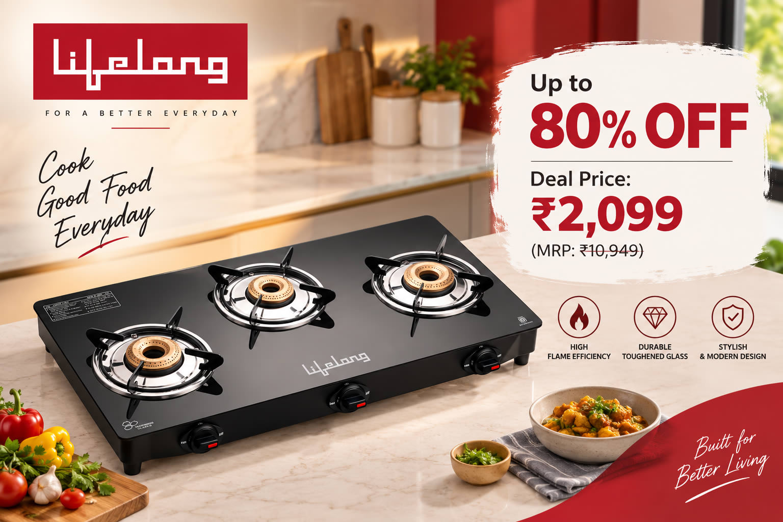3 Burner Brass Glass Cooktop