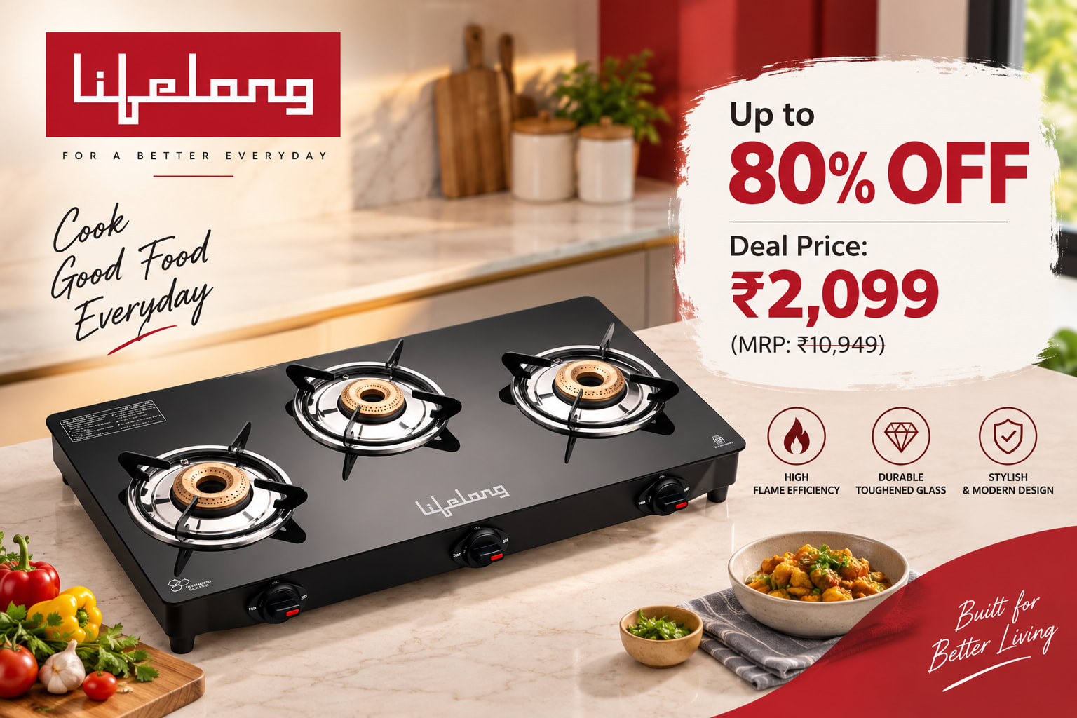 3 Burner Brass Glass Cooktop