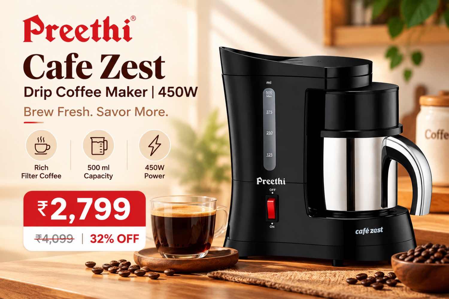 Cafe Zest Drip Coffee Maker| 450W