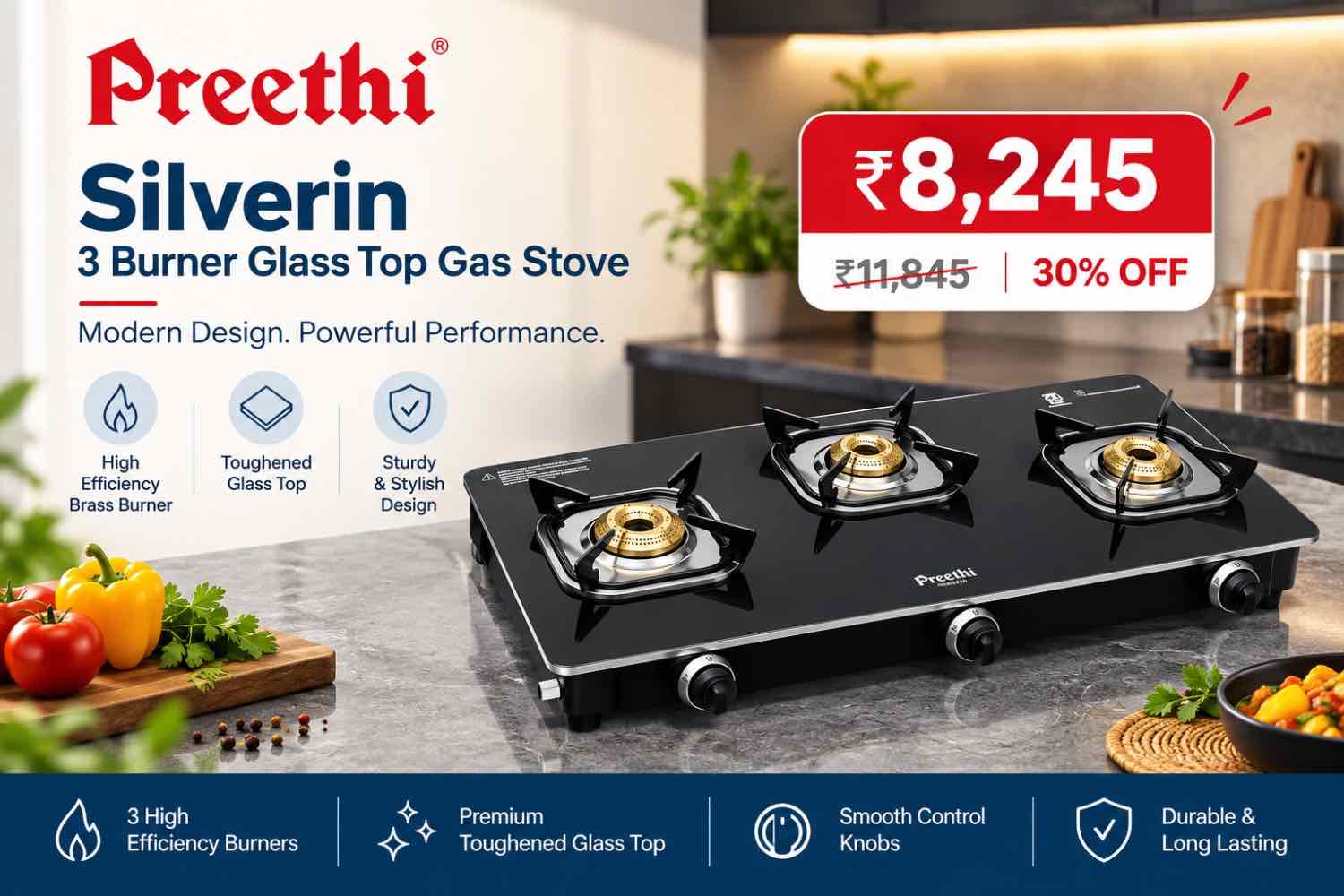 Silverin 3 Burner Glass Top Gas Stove