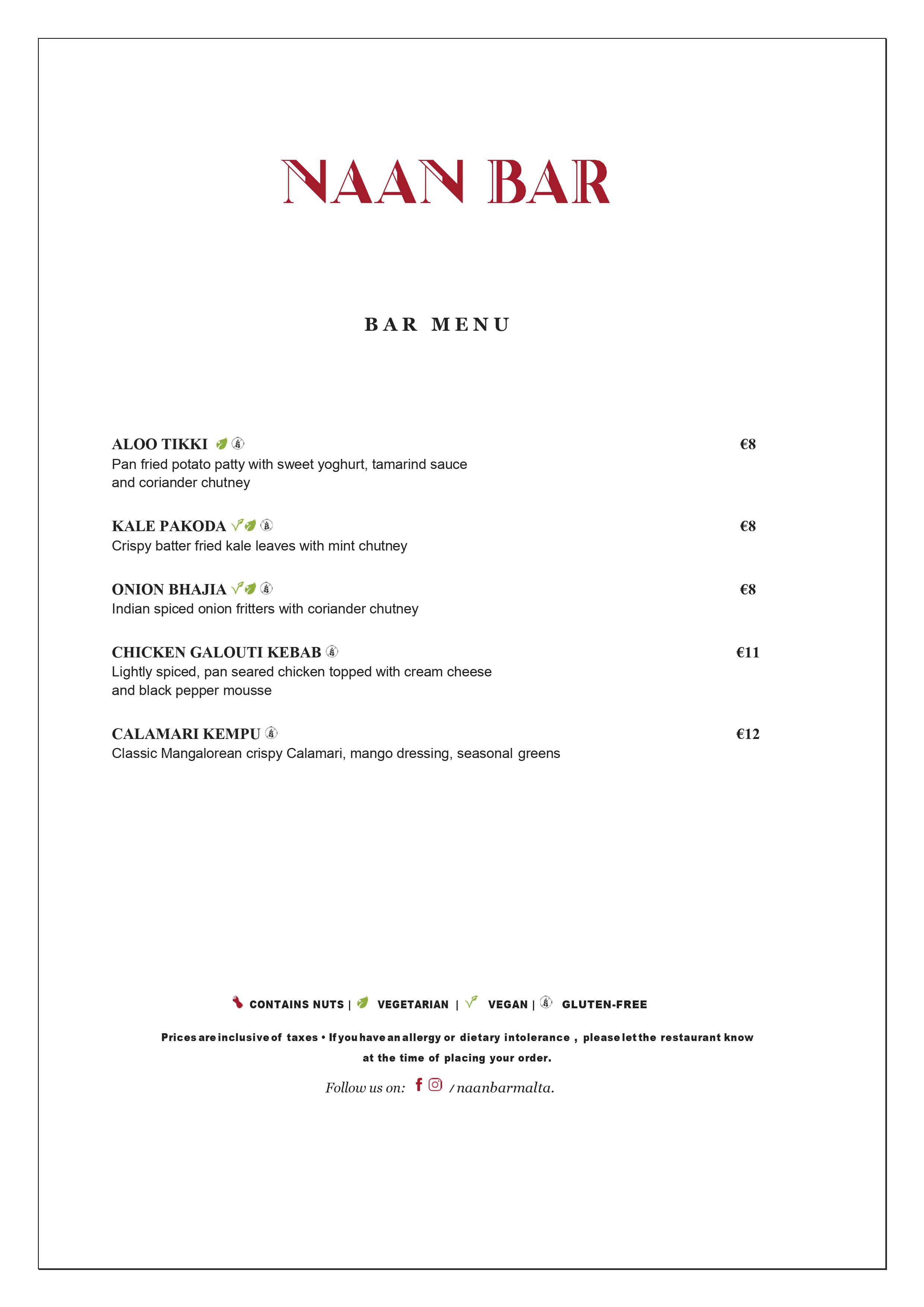 Bar Snacks Menu Best Bars in Malta, Valletta Naan Bar