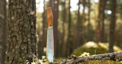 Brusletto kniv i forgrunn i sollys i skogen 