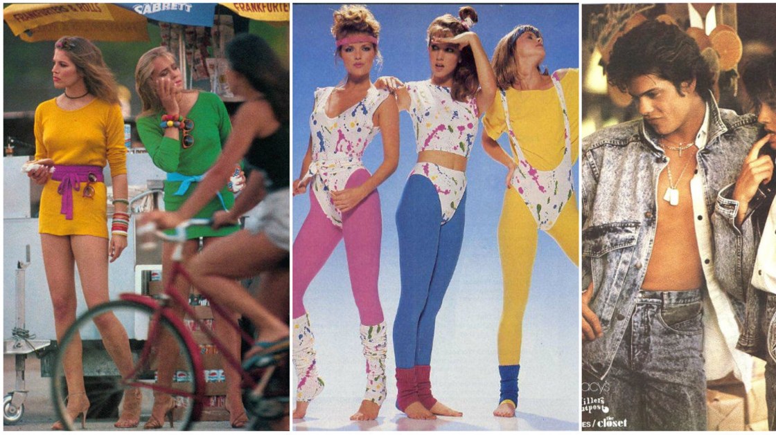 Modeller kledd i typiske klær fra 80-tallet. Fargerike leggings og body, utvaska denim og korte, fargerike kjoler.