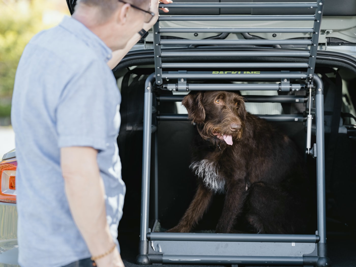 Mann foran hund i bur i bil