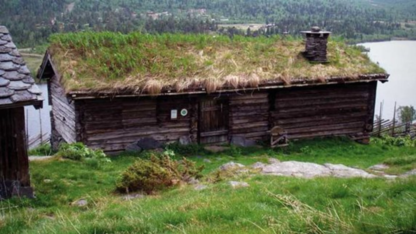 Gammelt trehus med gress på taket. Skigard og vann. 
