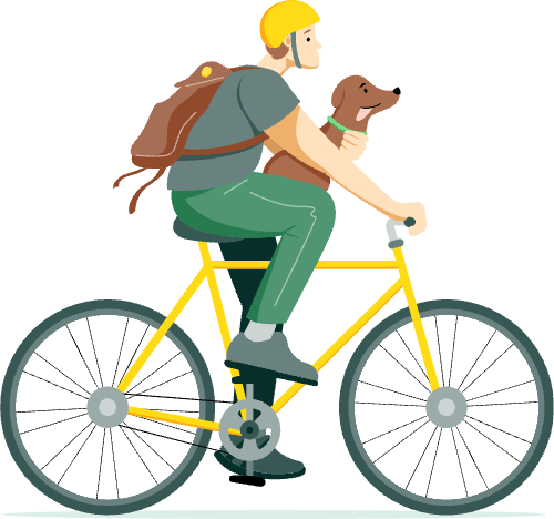 Illustrasjon av mann med hund på sykkel