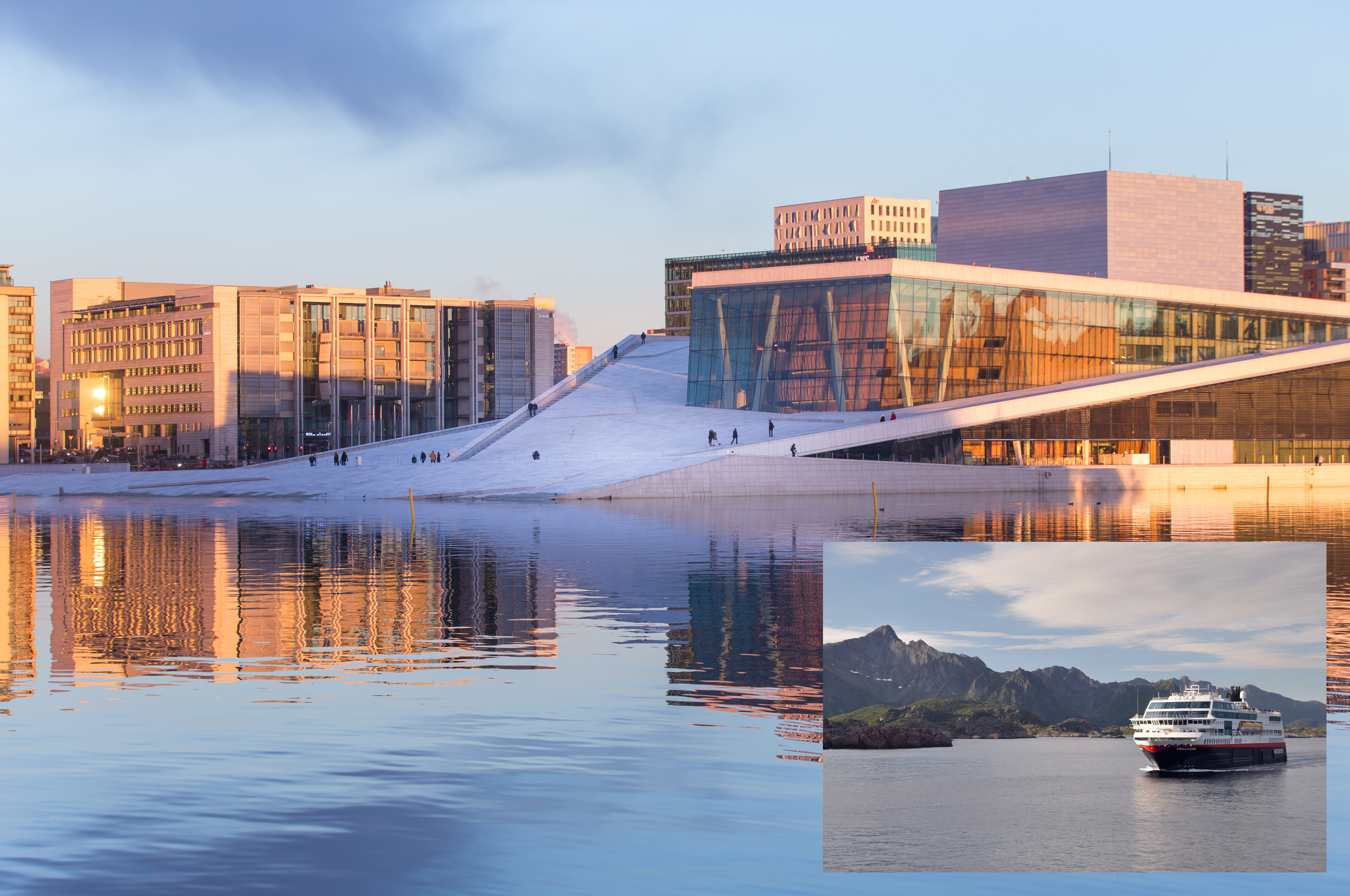 Bildet viser Operaen i Bjørvika, Oslo med innfelt bilde av Hurtigrutens skip Trollfjord.
